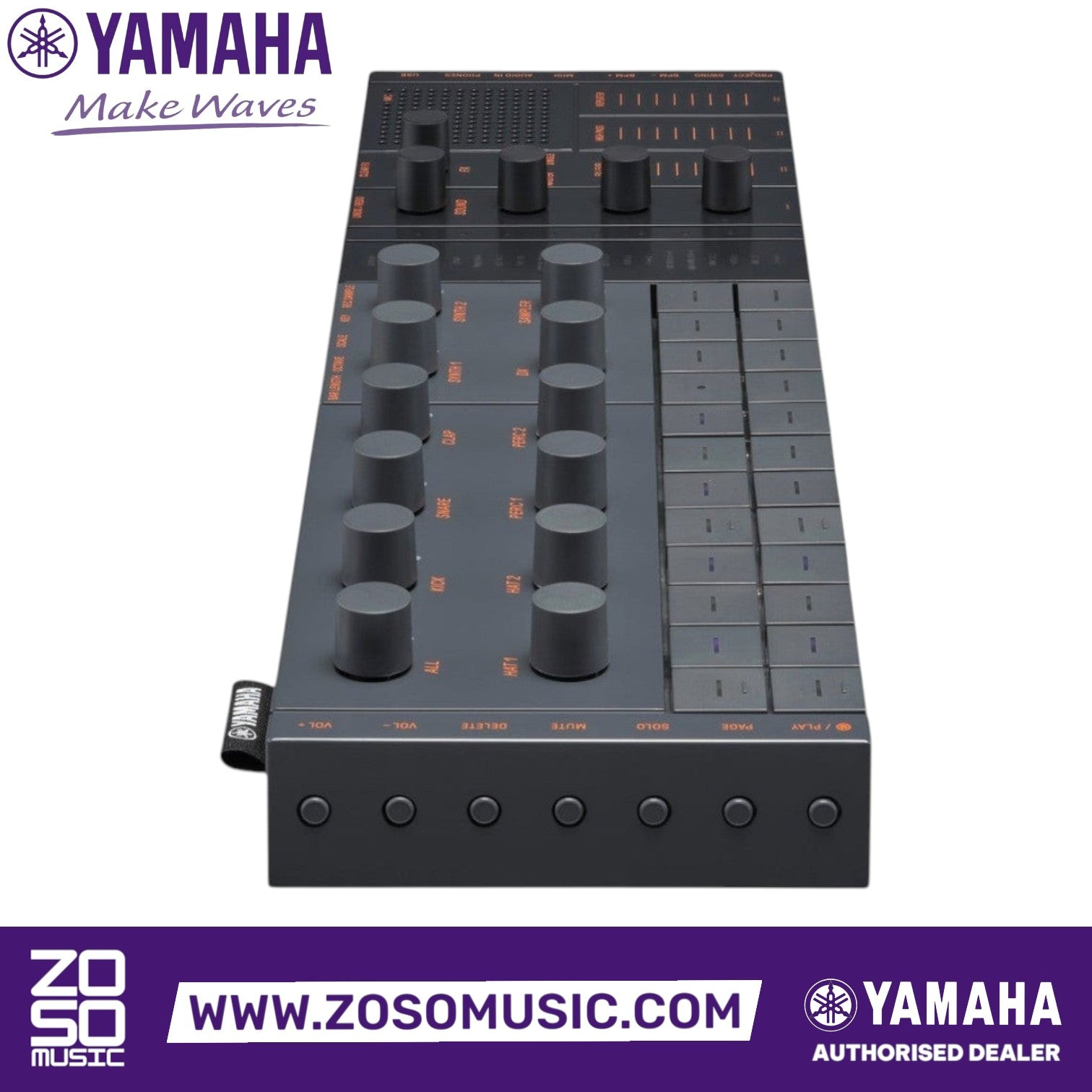 Zoso Music Yamaha Seqtrak mobile music ideastation in black with multiple encoder knobs and backlit pads