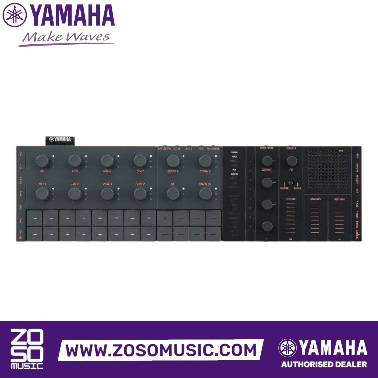 Zoso Music Yamaha Seqtrak mobile music ideastation in black with 24 pads, encoder knobs, and LED backlighting.