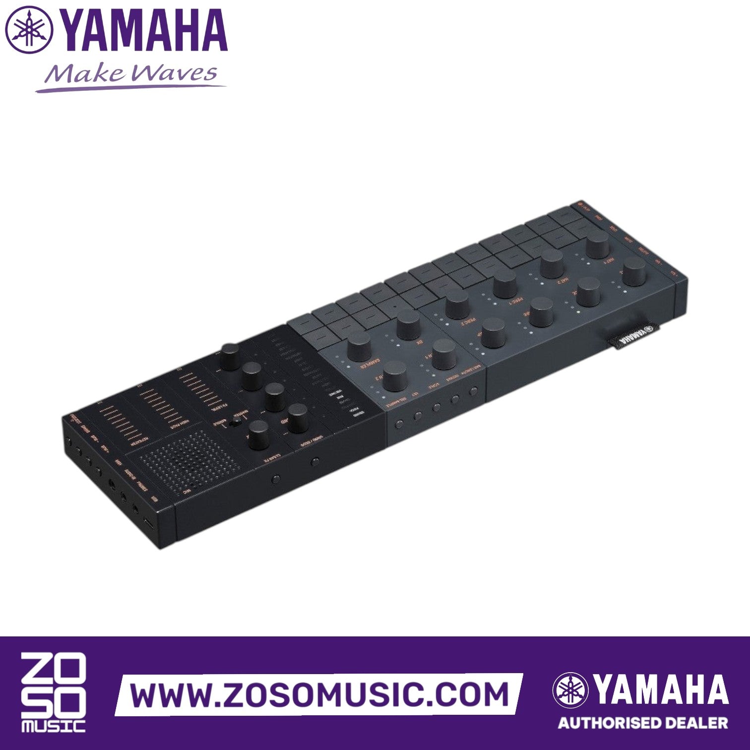 Zoso Music Yamaha Seqtrak mobile music ideastation in black with LED-lit pads, encoder knobs, and compact design.