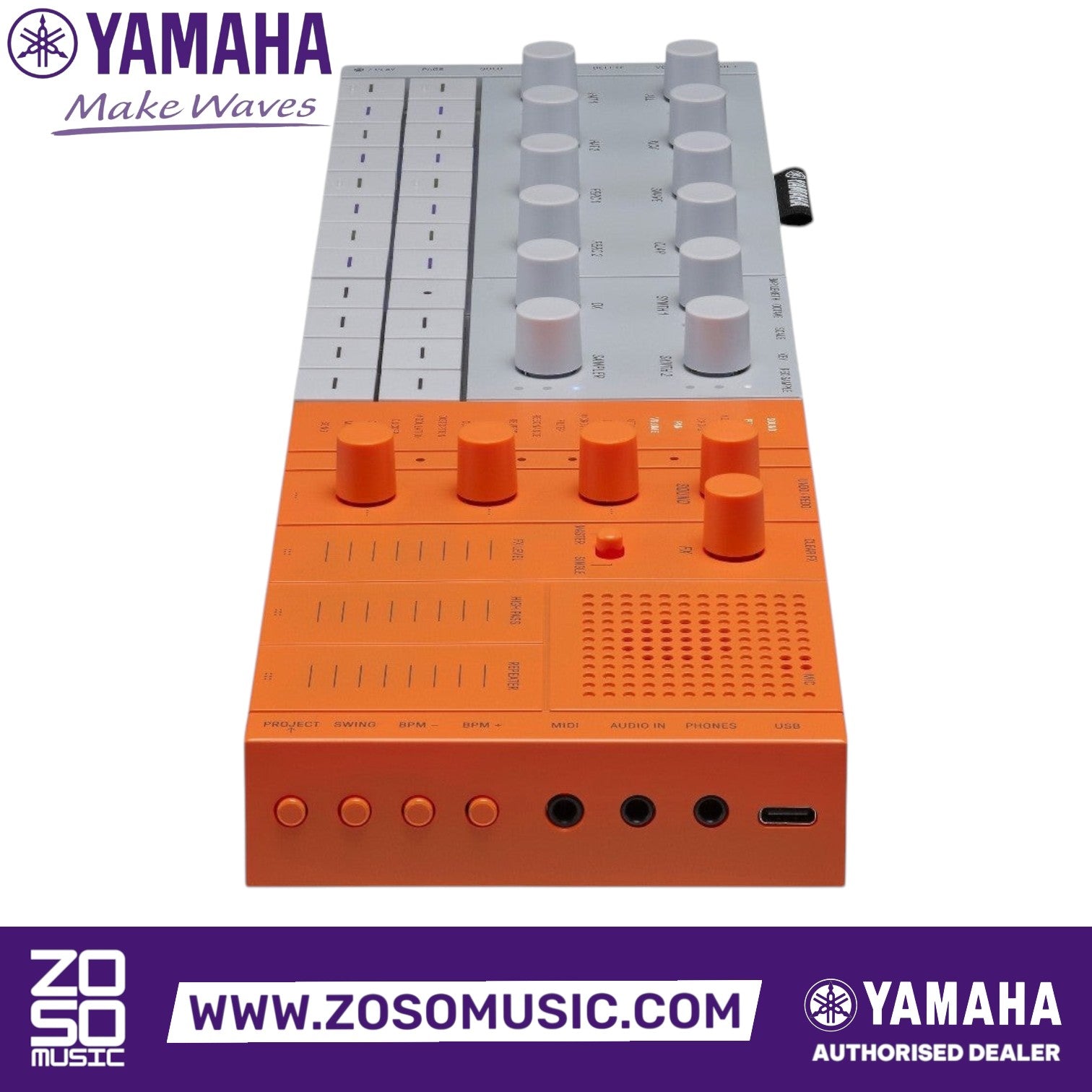 Zoso Music Yamaha Seqtrak mobile music ideastation in orange and grey with control knobs, pads, and USB-C port.