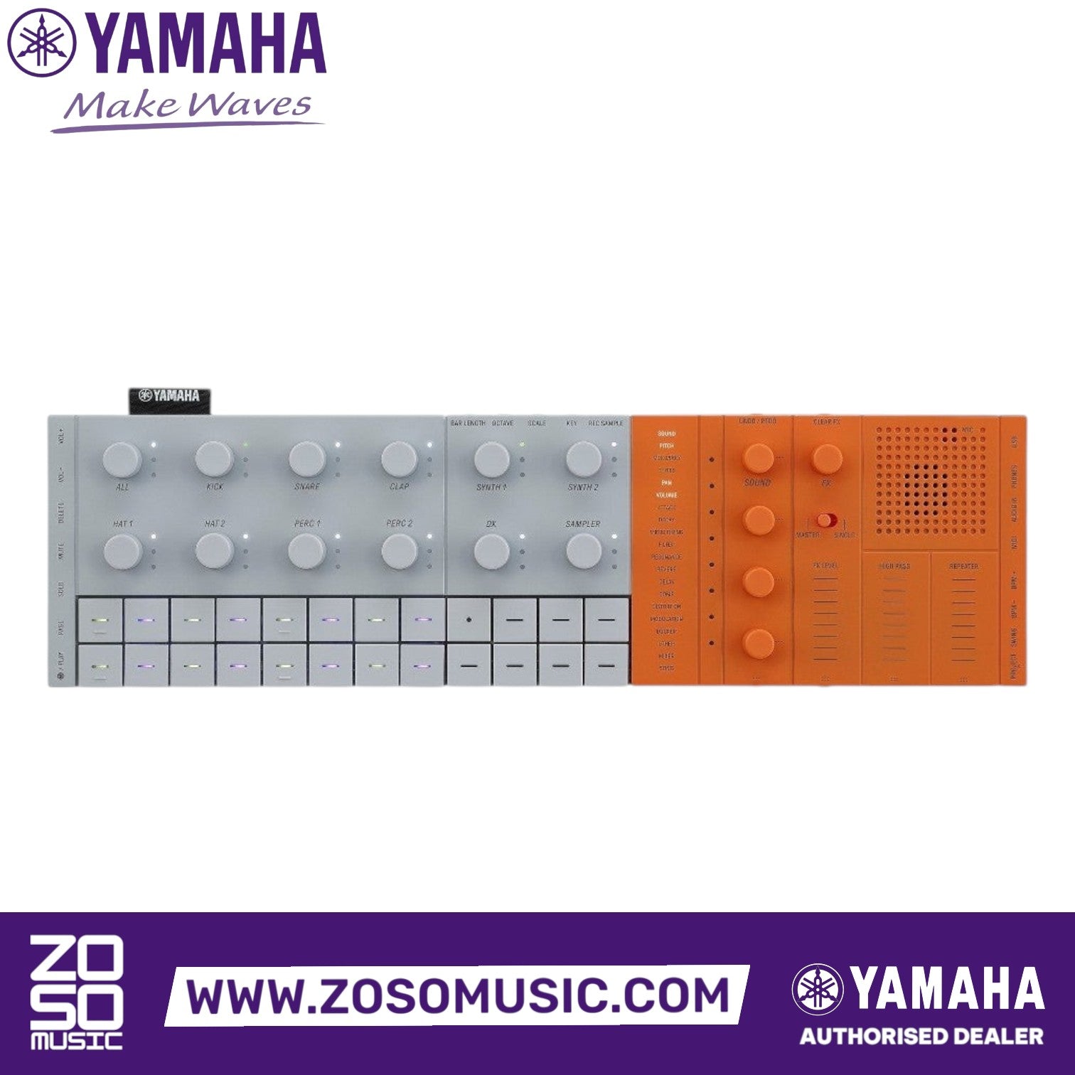 Zoso Music Yamaha Seqtrak mobile music ideastation in orange and grey with 24 pads, encoder knobs, and built-in speaker.