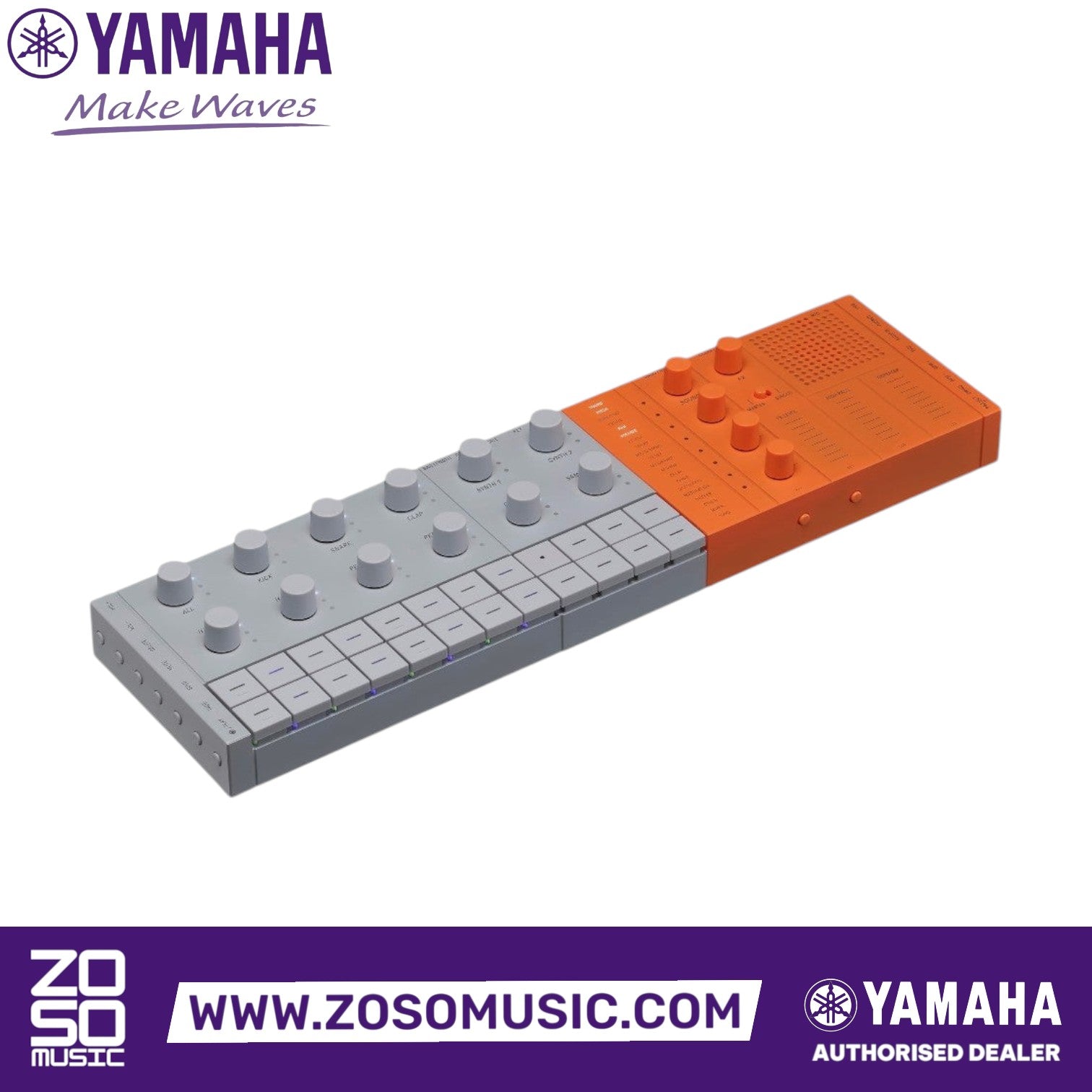 Zoso Music Yamaha Seqtrak mobile music ideastation in orange and grey with 24 pads and 17 encoder knobs.