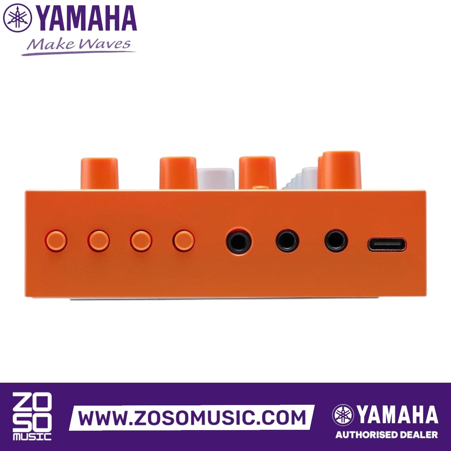 Zoso Music Yamaha Seqtrak mobile music ideastation side panel showing orange casing, input ports, and USB-C connection.