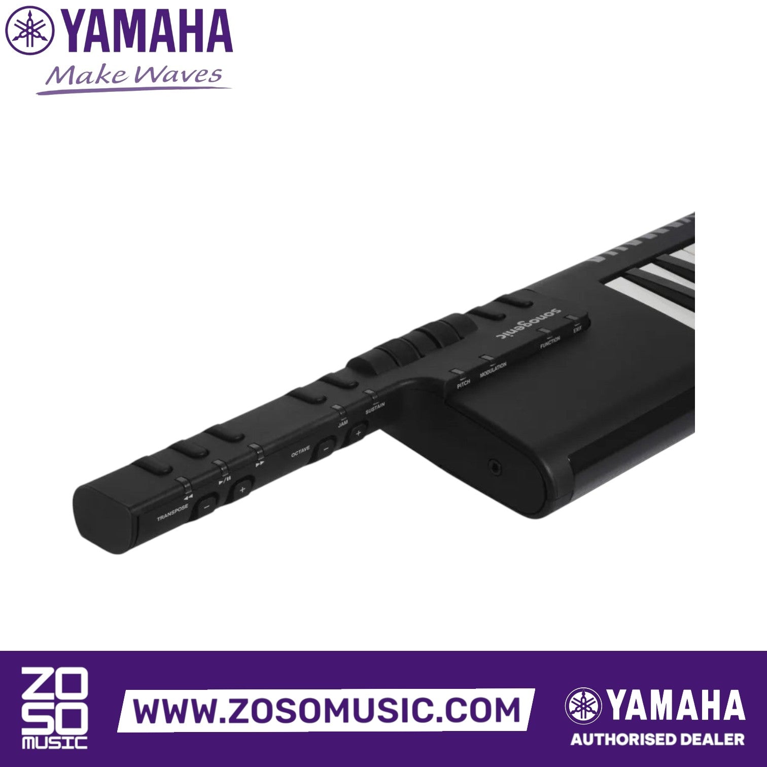 Zoso Music Yamaha SHS-500 Sonogenic black keytar showing the control panel, pitch bend, and modulation wheels.