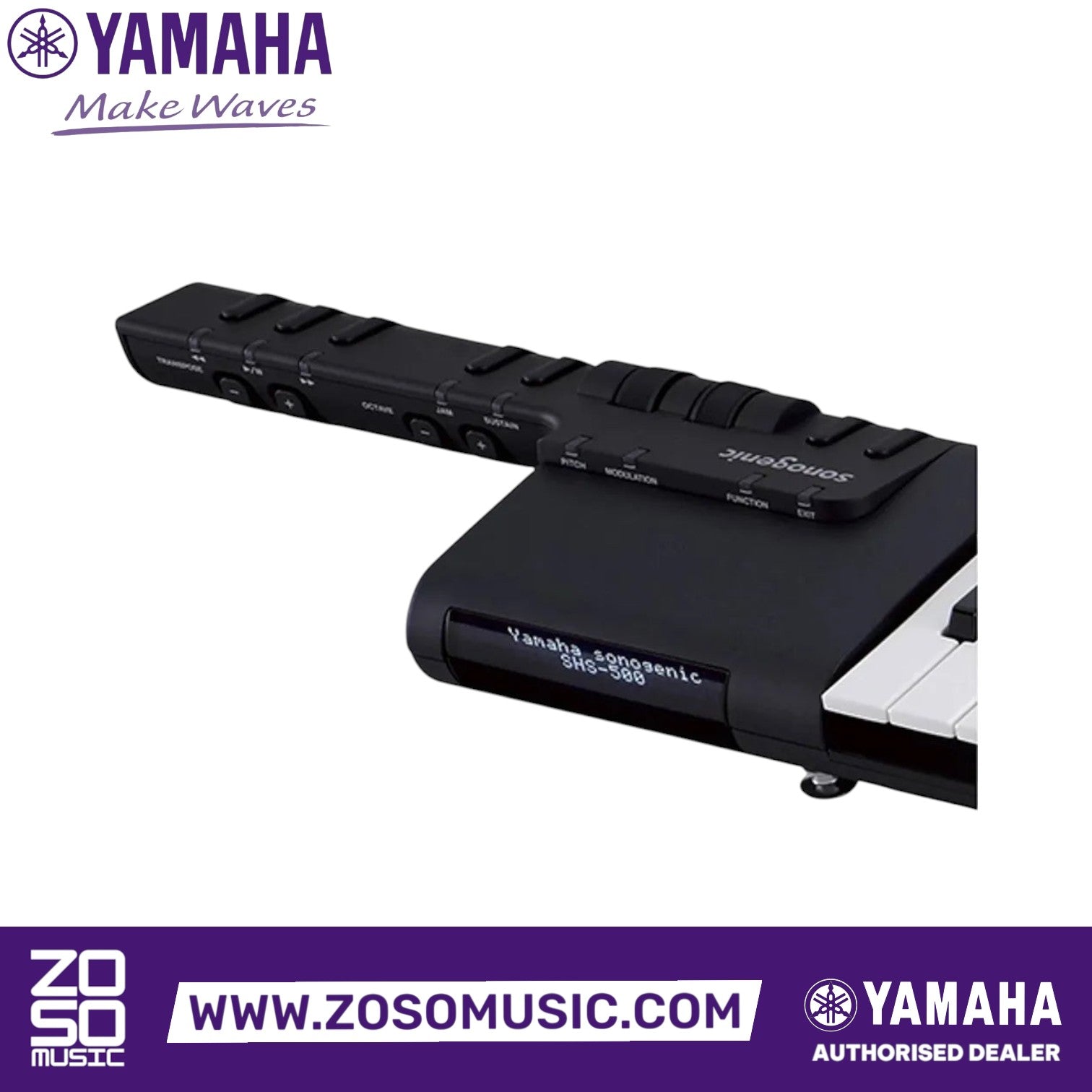 Zoso Music Yamaha SHS-500 Sonogenic black keytar showing the control panel, pitch bend, and modulation wheels.