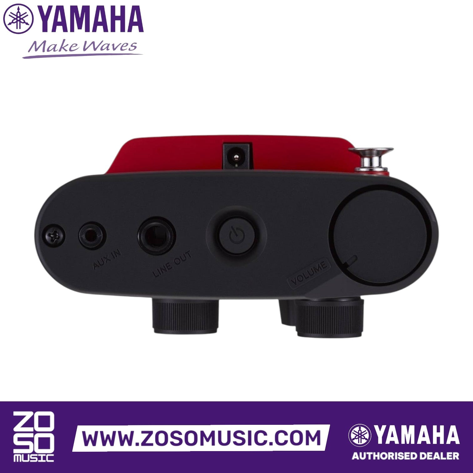 Zoso Music Yamaha SHS-500 Sonogenic keytar side panel showing AUX, line out, power, and volume control ports