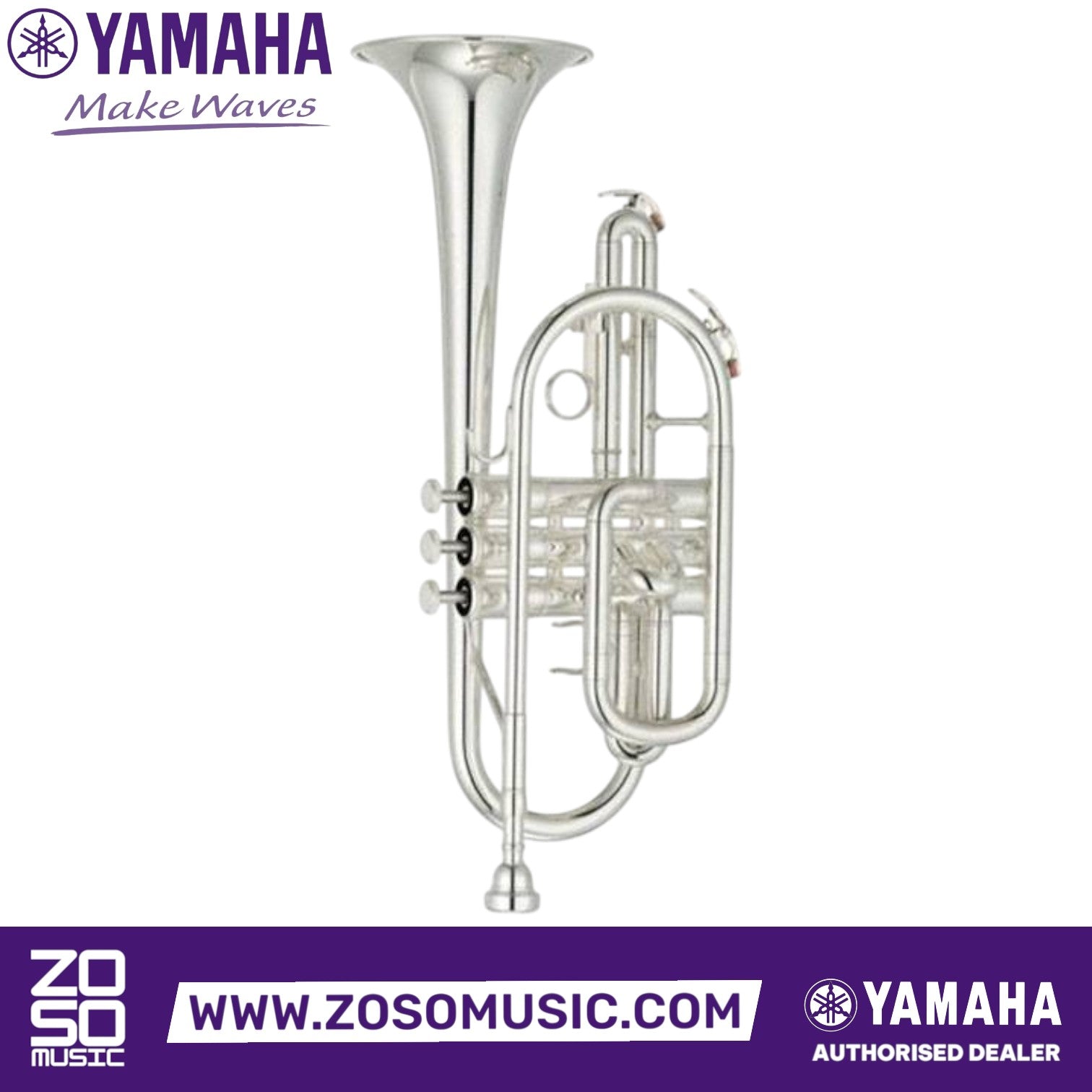 Zoso Music Yamaha YCR-2310SII student long model cornet in a polished silver-plated finish with monel alloy pistons