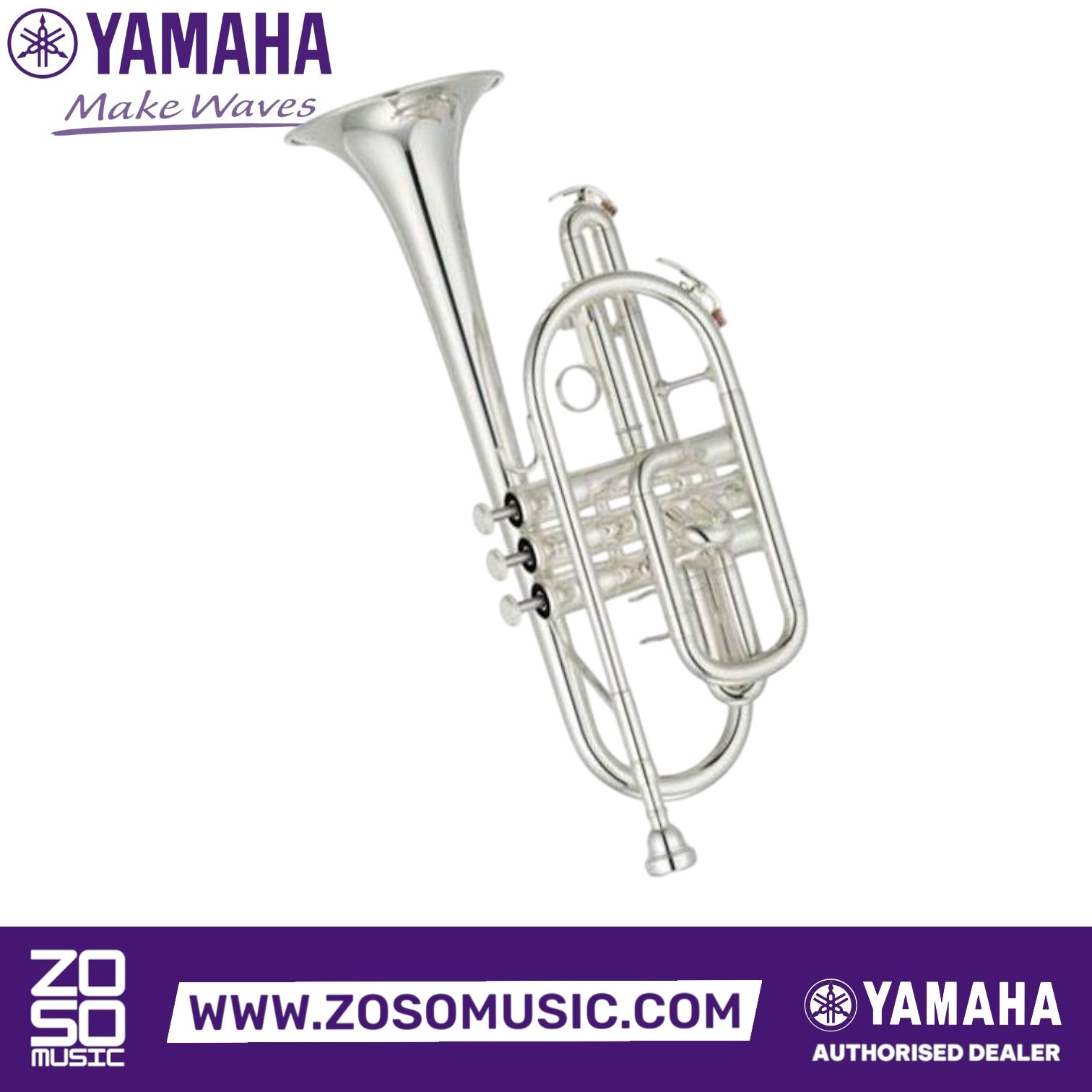 Zoso Music Yamaha YCR-2310SII student cornet in a polished silver-plated finish with a long model design