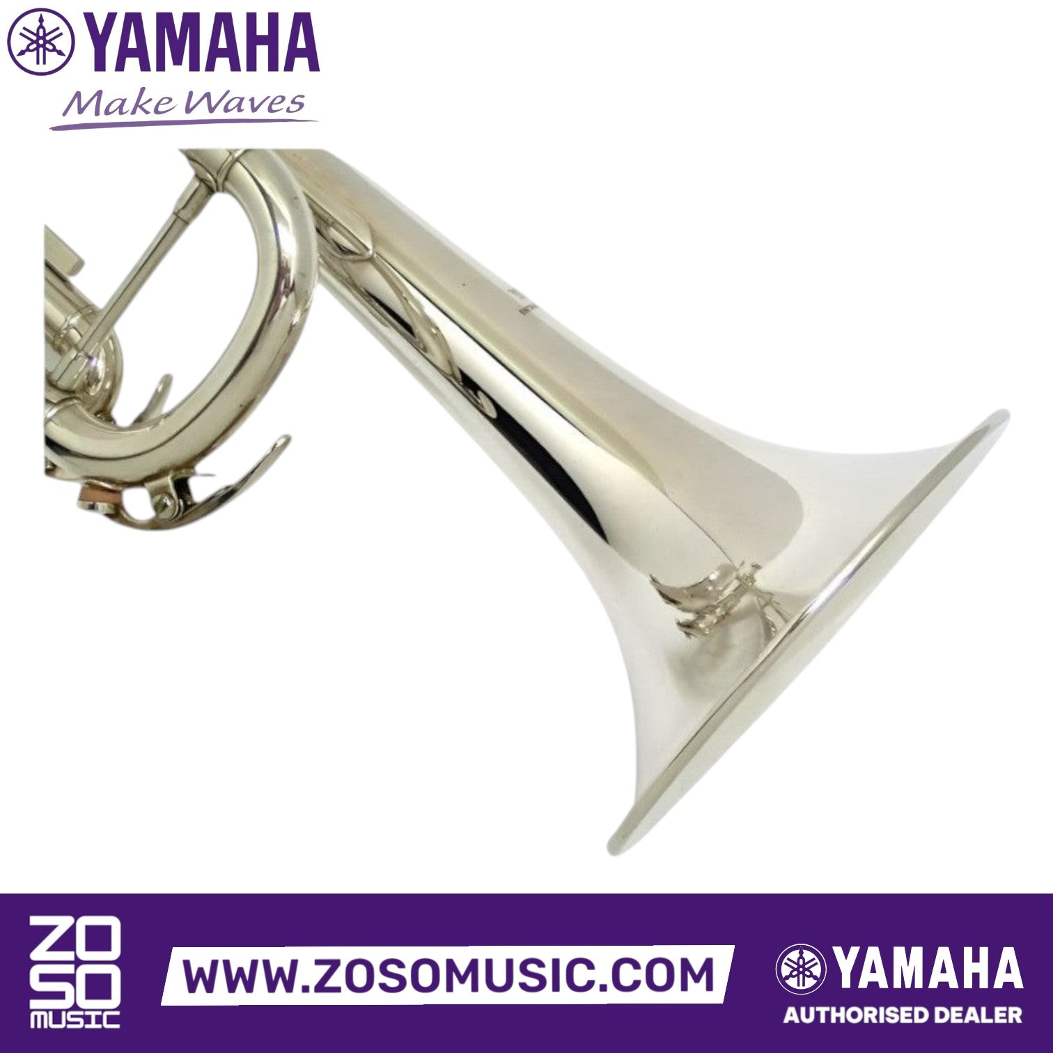 Zoso Music Yamaha YTR-2335S student Bb trumpet featuring a polished silver-plated finish and yellow-brass bell.