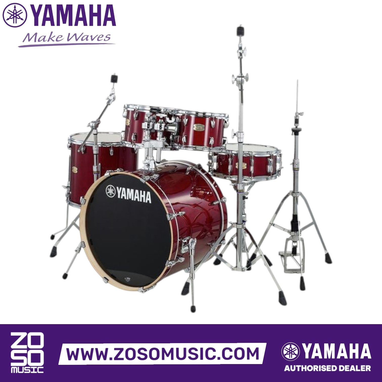 Zoso Music Yamaha Stage Custom 5-piece birch drum kit in deep red gloss finish with chrome hardware and drum stool