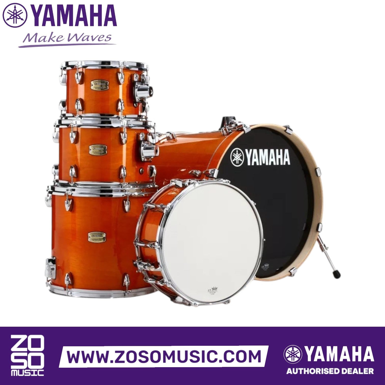 Zoso Music Yamaha Stage Custom 5-piece birch drum kit in a glossy amber finish with chrome hardware