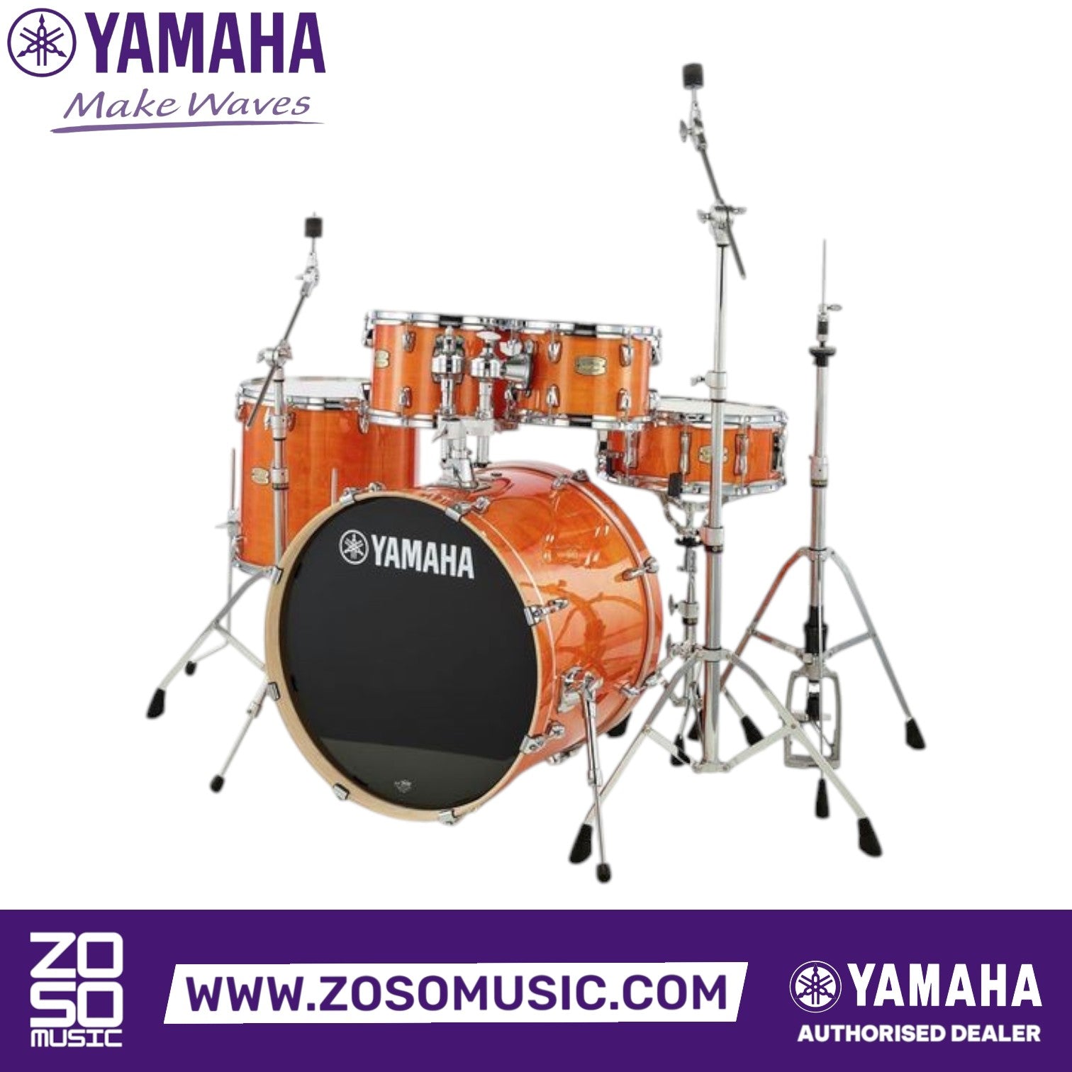 Zoso Music Yamaha Stage Custom 5-piece birch drum kit in a glossy orange finish with chrome hardware and stands.
