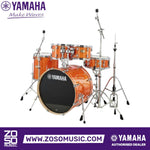 Zoso Music Yamaha Stage Custom 5-piece birch drum kit in a glossy orange finish with chrome hardware and stands.