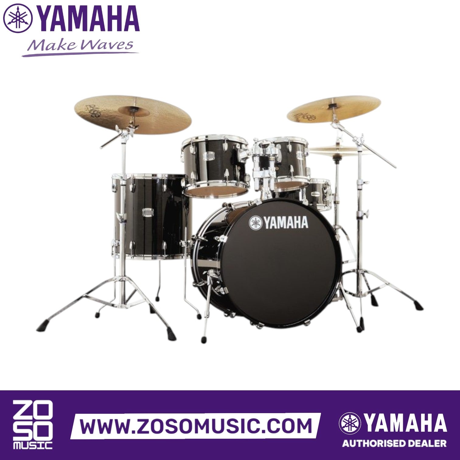 Zoso Music Yamaha Stage Custom 5-piece birch drum kit in black with high-gloss lacquer finish and chrome hardware.