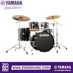 Zoso Music Yamaha Stage Custom 5-piece birch drum kit in black with high-gloss lacquer finish and chrome hardware.