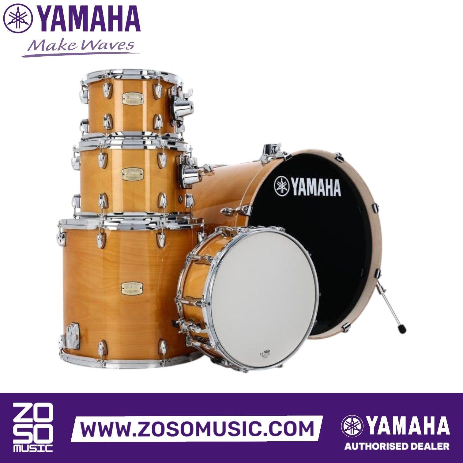 Zoso Music Yamaha Stage Custom 5-piece birch drum shell pack with a natural high-gloss lacquer finish
