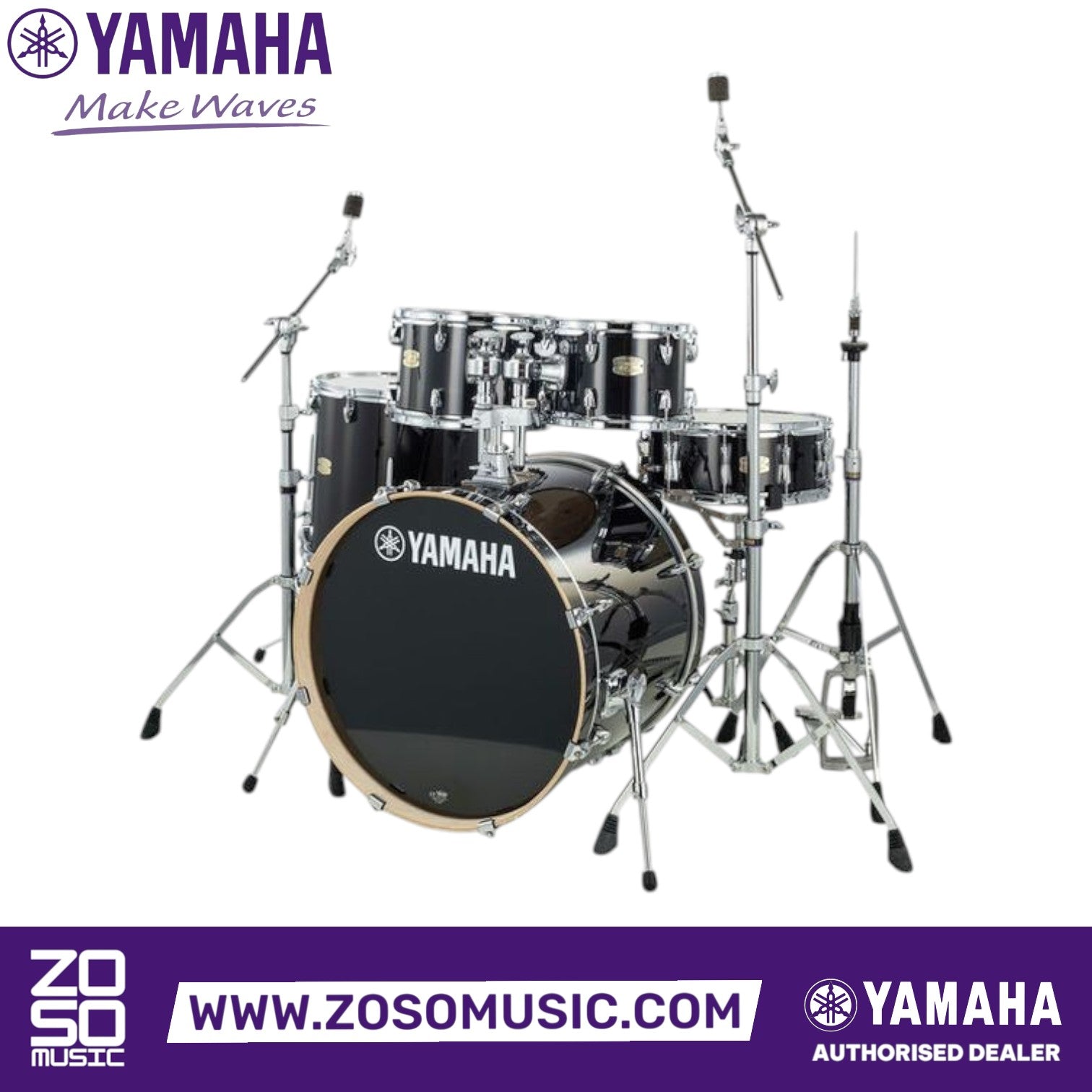 Zoso Music Yamaha Stage Custom 5-piece birch drum kit in black high-gloss lacquer with included hardware