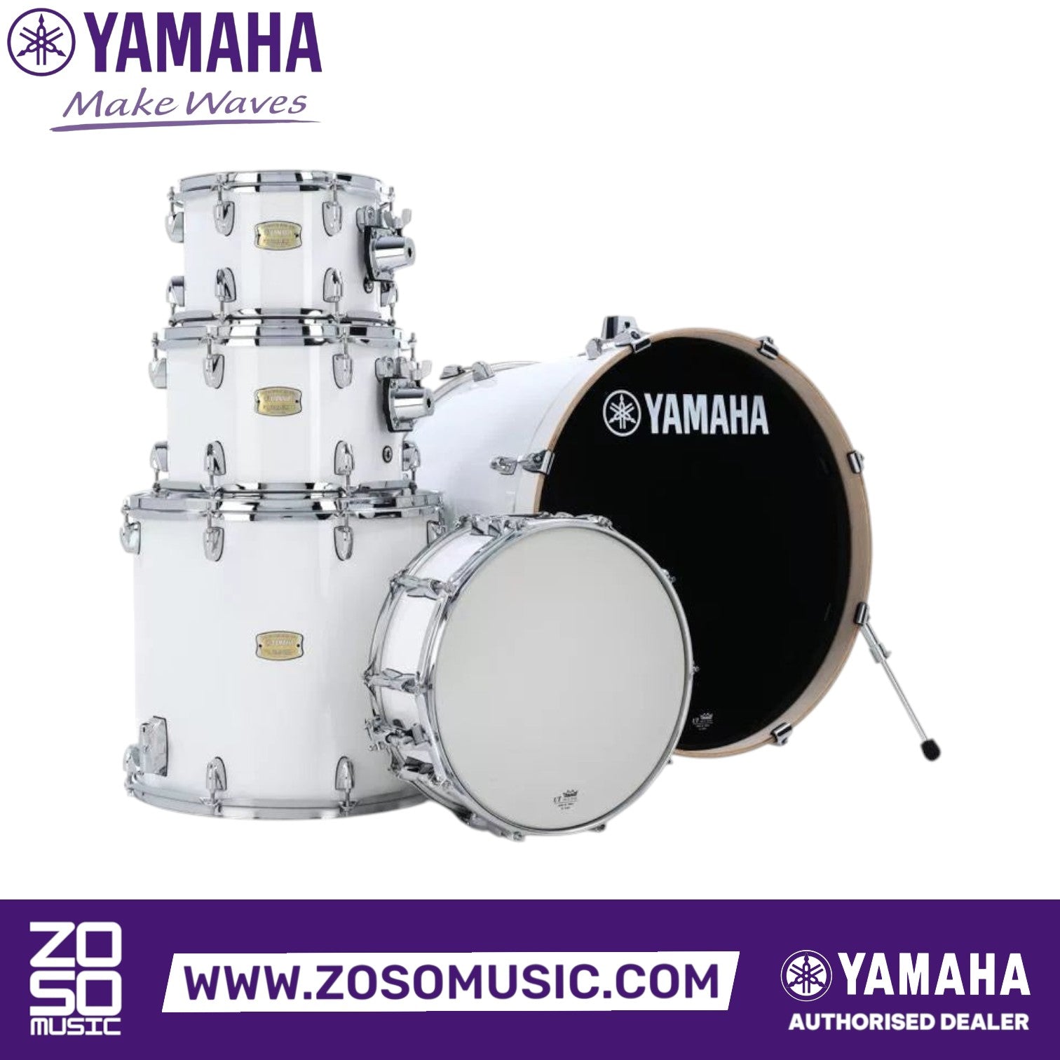 Zoso Music Yamaha Stage Custom 5-piece birch drum kit in white high-gloss lacquer finish with chrome hardware