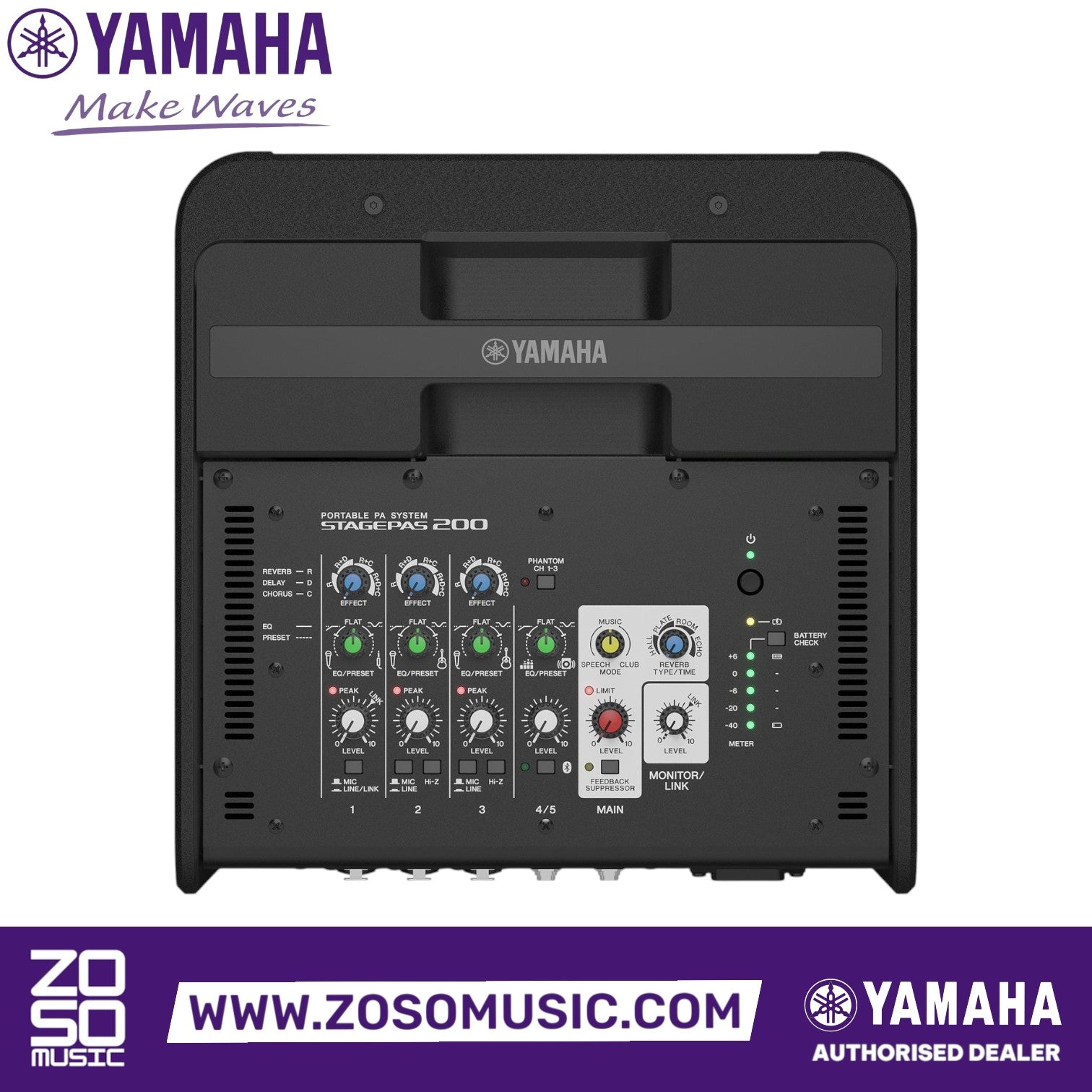 Zoso Music Yamaha StagePas 200BTR portable PA system showing the integrated 5-channel digital mixer control panel.