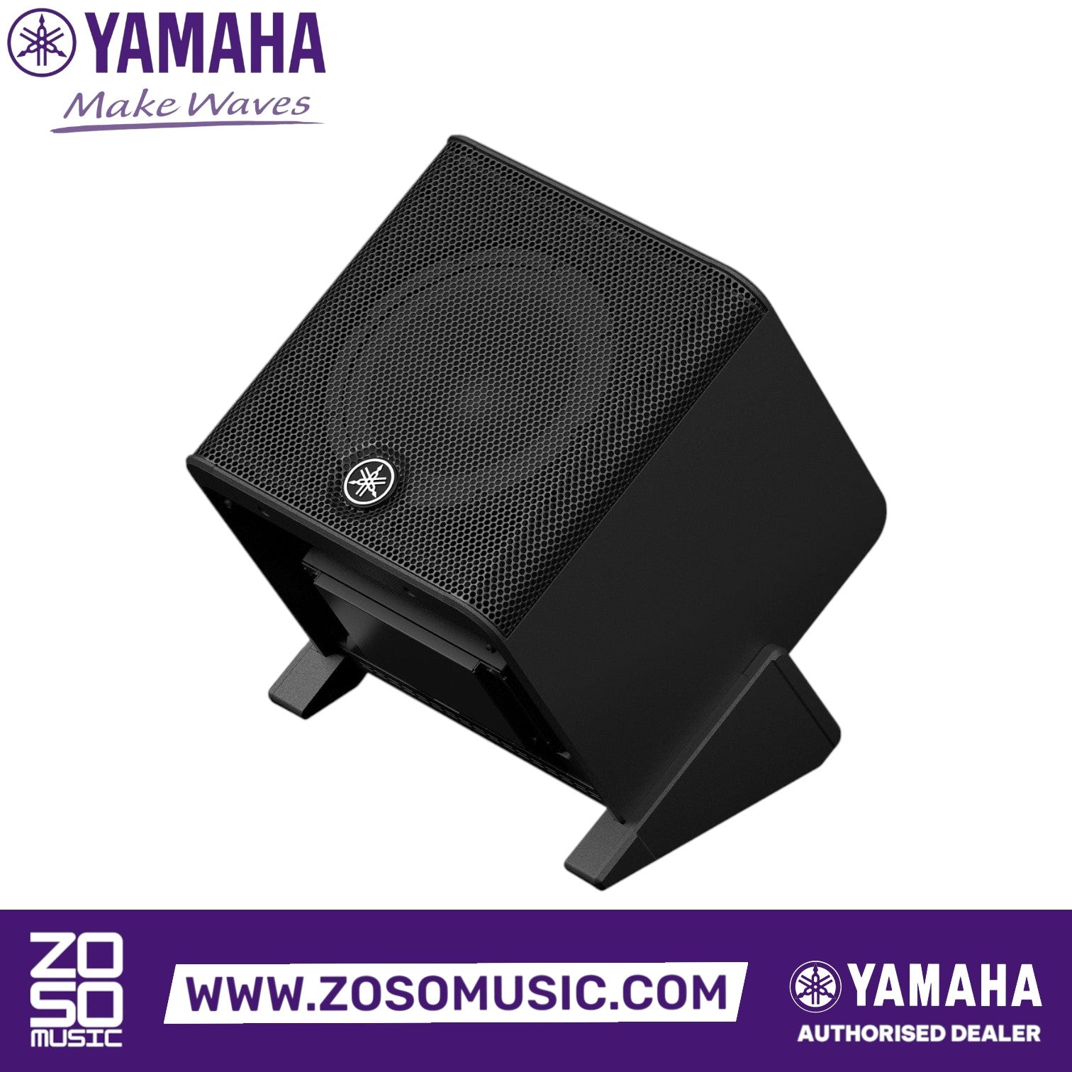 Zoso Music Yamaha StagePas 200BTR portable battery-powered PA speaker in black tilted on a rubber stand