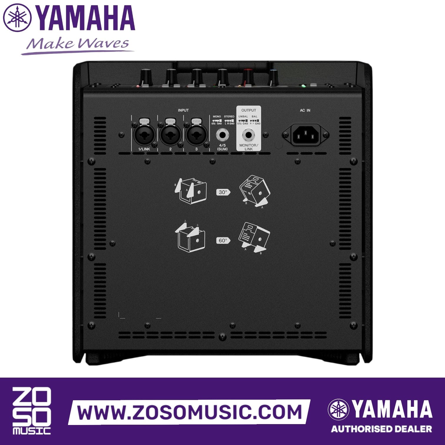 Zoso Music Yamaha StagePas 200BTR portable PA system rear panel showing input and output ports and stand angles