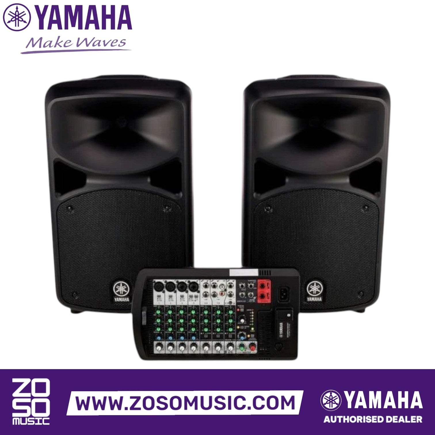 Zoso Music Yamaha Stagepas 600BT portable PA system with two black speakers and a detachable 10-channel mixer