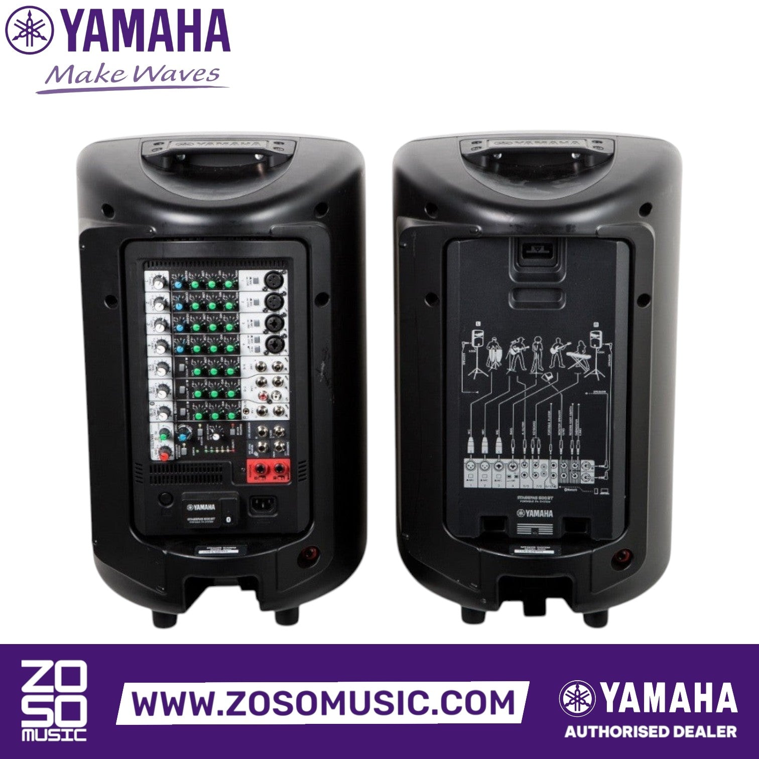Zoso Music Yamaha Stagepas 600BT portable PA system showing the rear panels of the mixer and speaker components.