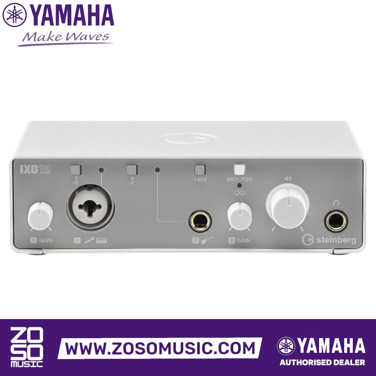 Zoso Music Yamaha Steinberg IXO12 white 2x2 USB audio interface with front panel controls and inputs
