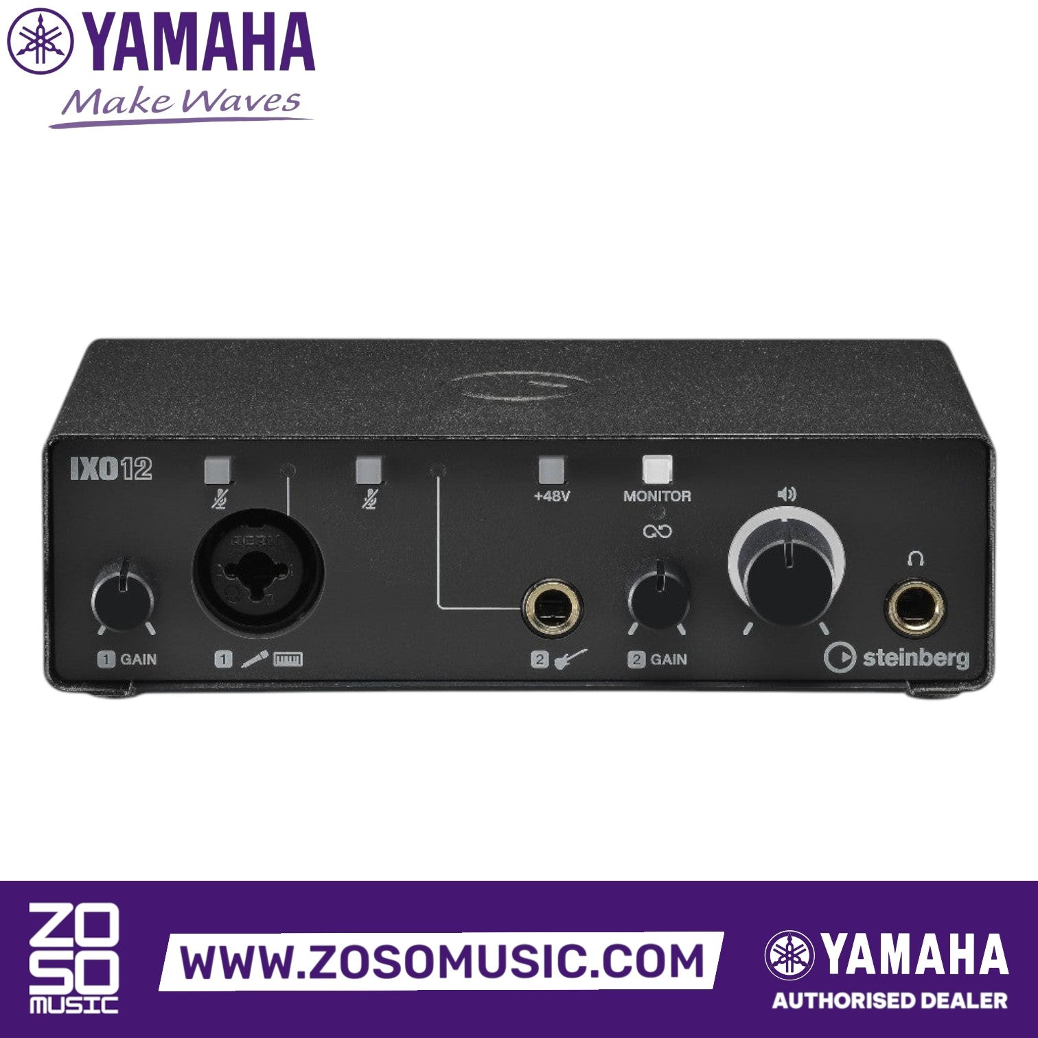 Zoso Music Yamaha Steinberg IXO12 2x2 USB audio interface in black with front panel controls and inputs