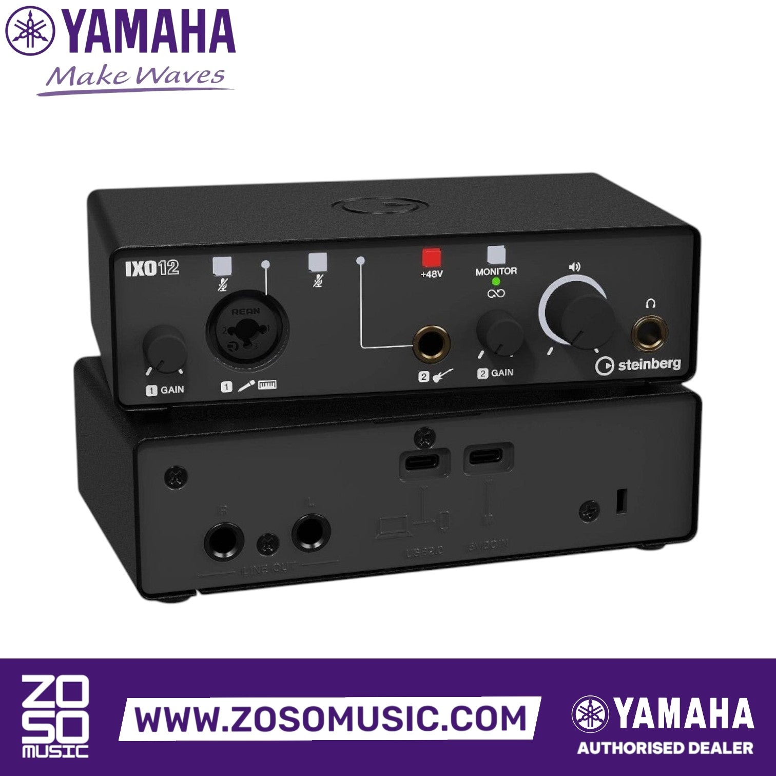 Zoso Music Yamaha Steinberg IXO12 black 2x2 USB audio interface showing front and rear panels with connection ports.