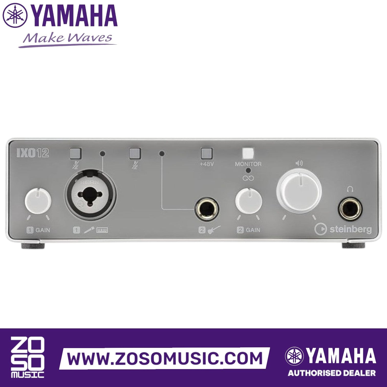 Zoso Music Yamaha Steinberg IXO12 white 2x2 USB audio interface front panel with gain knobs and input ports