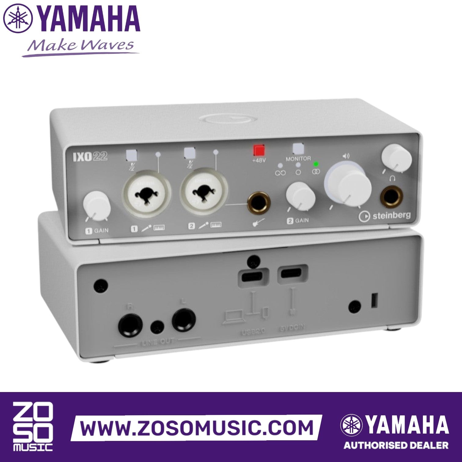 Zoso Music Yamaha Steinberg IXO12 white 2x2 USB audio interface showing front and rear panel connectivity ports.