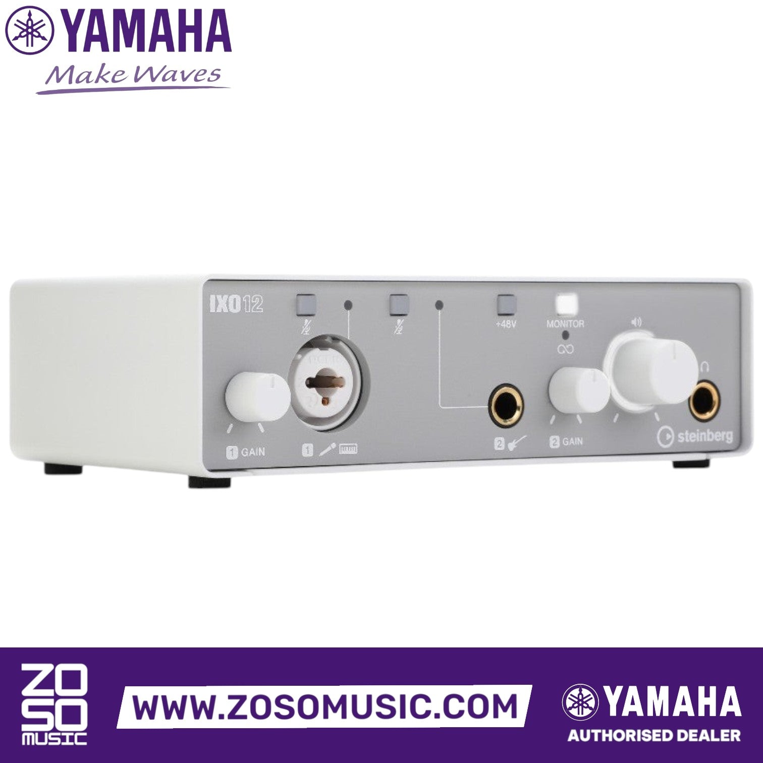 Zoso Music Yamaha Steinberg IXO12 white 2x2 USB audio interface with front panel controls and inputs