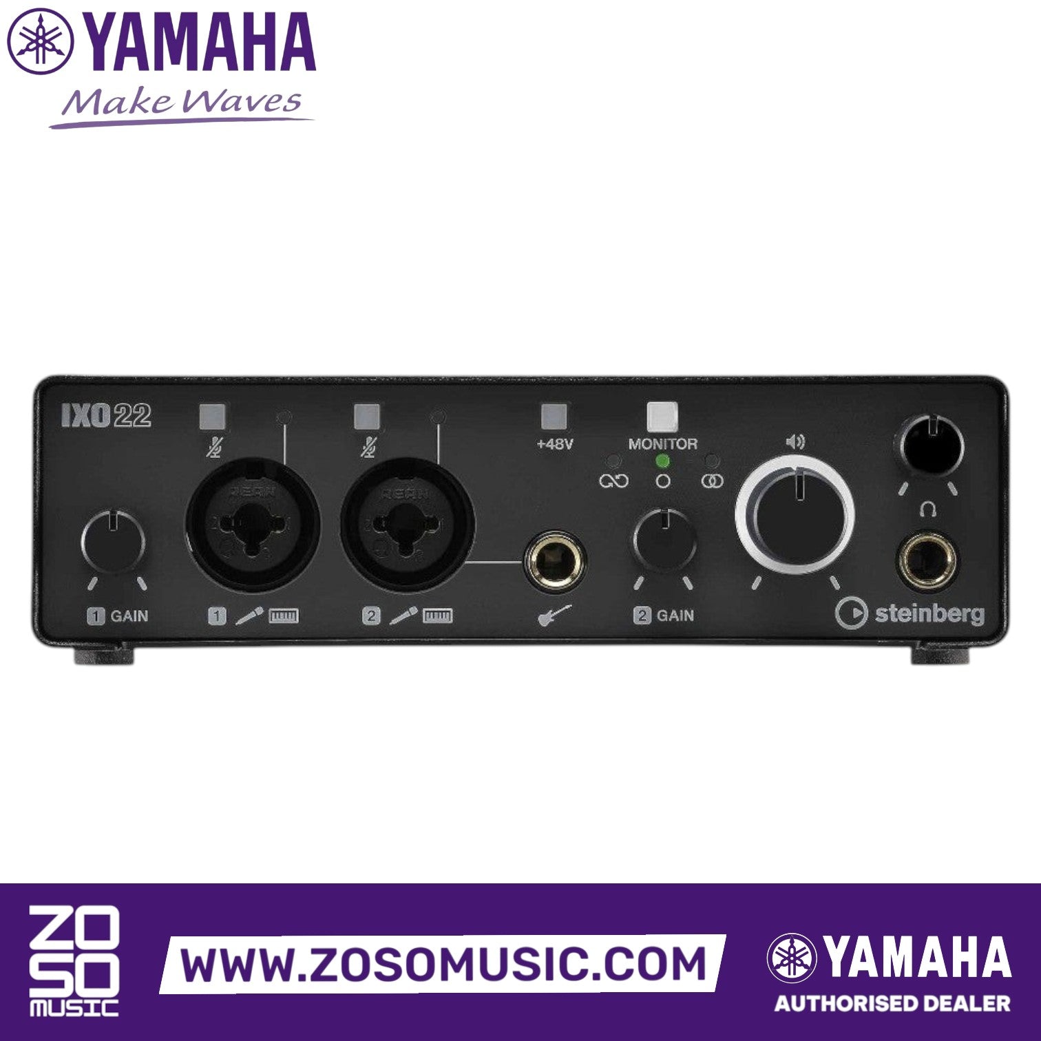 Zoso Music Yamaha Steinberg IXO22 black 2x2 USB audio interface with mic preamps and direct monitoring controls