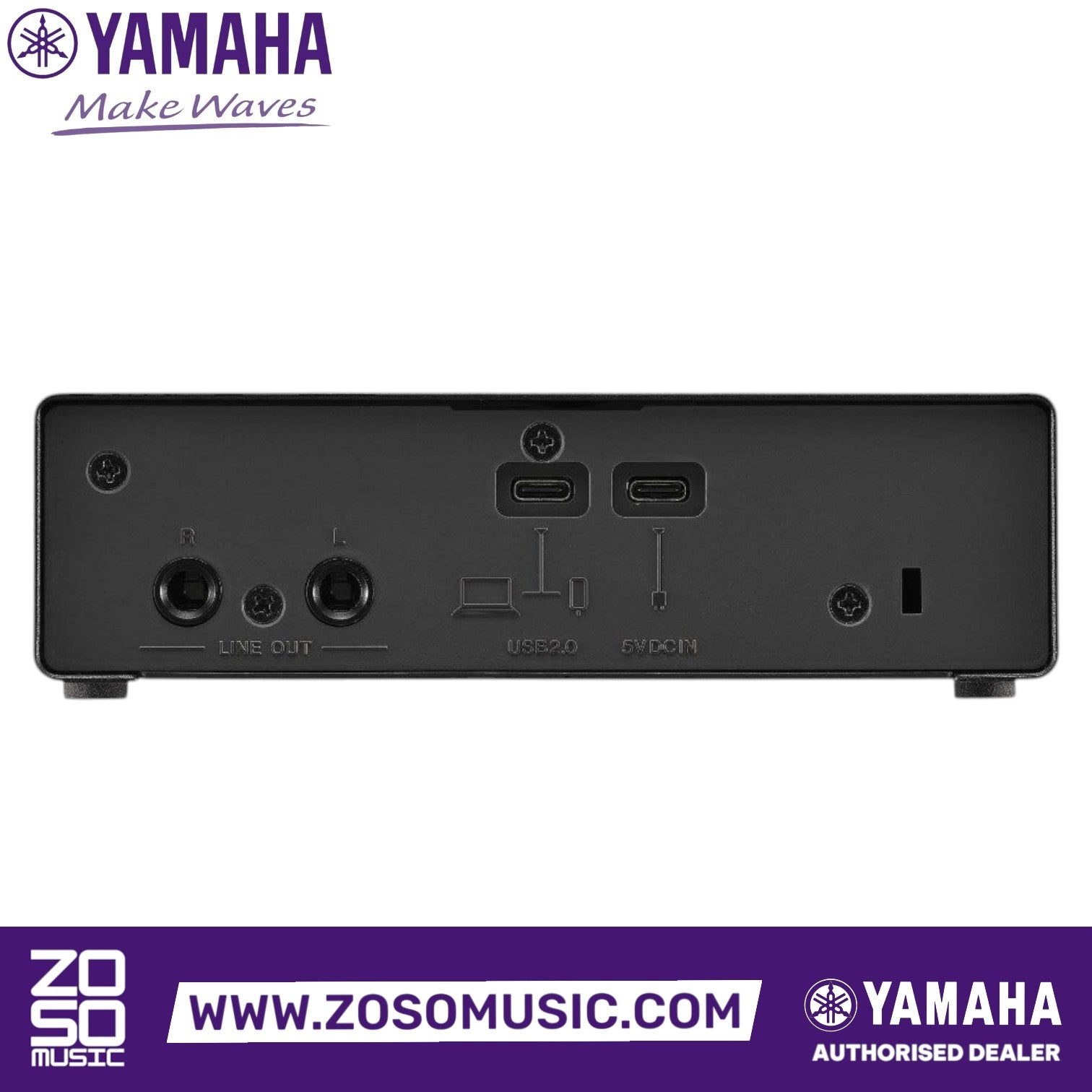 Rear panel of the black Yamaha Steinberg IXO22 audio interface from Zoso Music showing USB-C and line output ports.