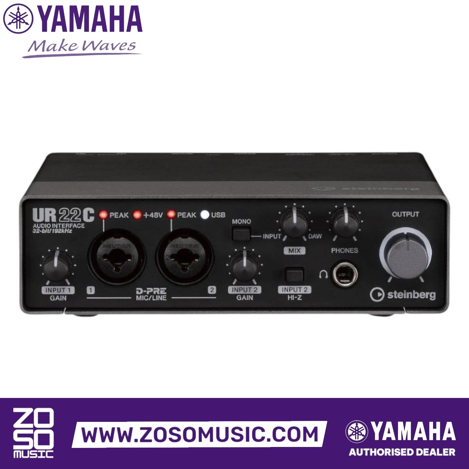 Zoso Music Yamaha Steinberg UR22C USB audio interface front panel with dual inputs, gain knobs, and output controls