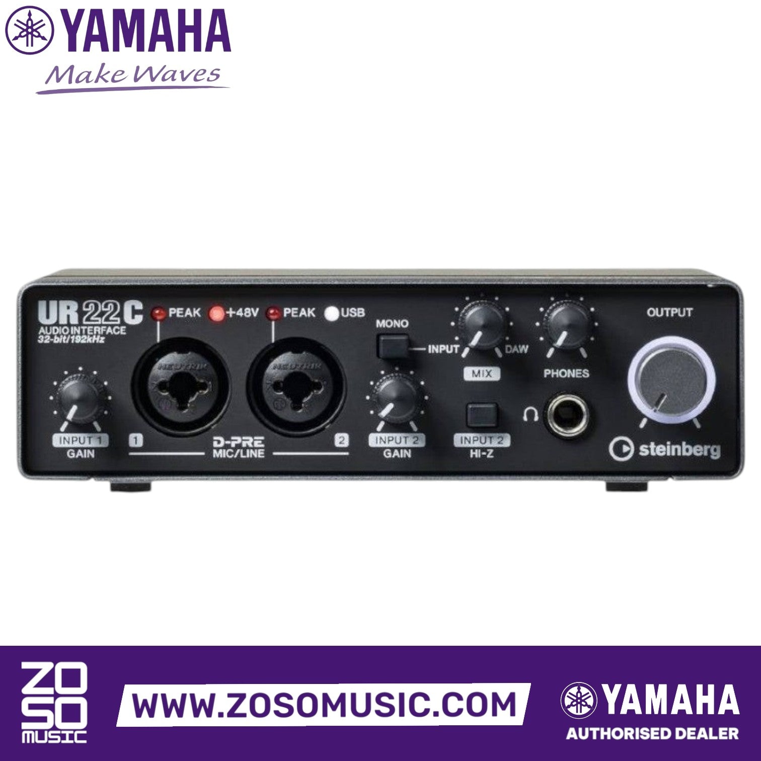 Zoso Music Yamaha Steinberg UR22C USB audio interface with dual inputs, gain controls, and headphone output.