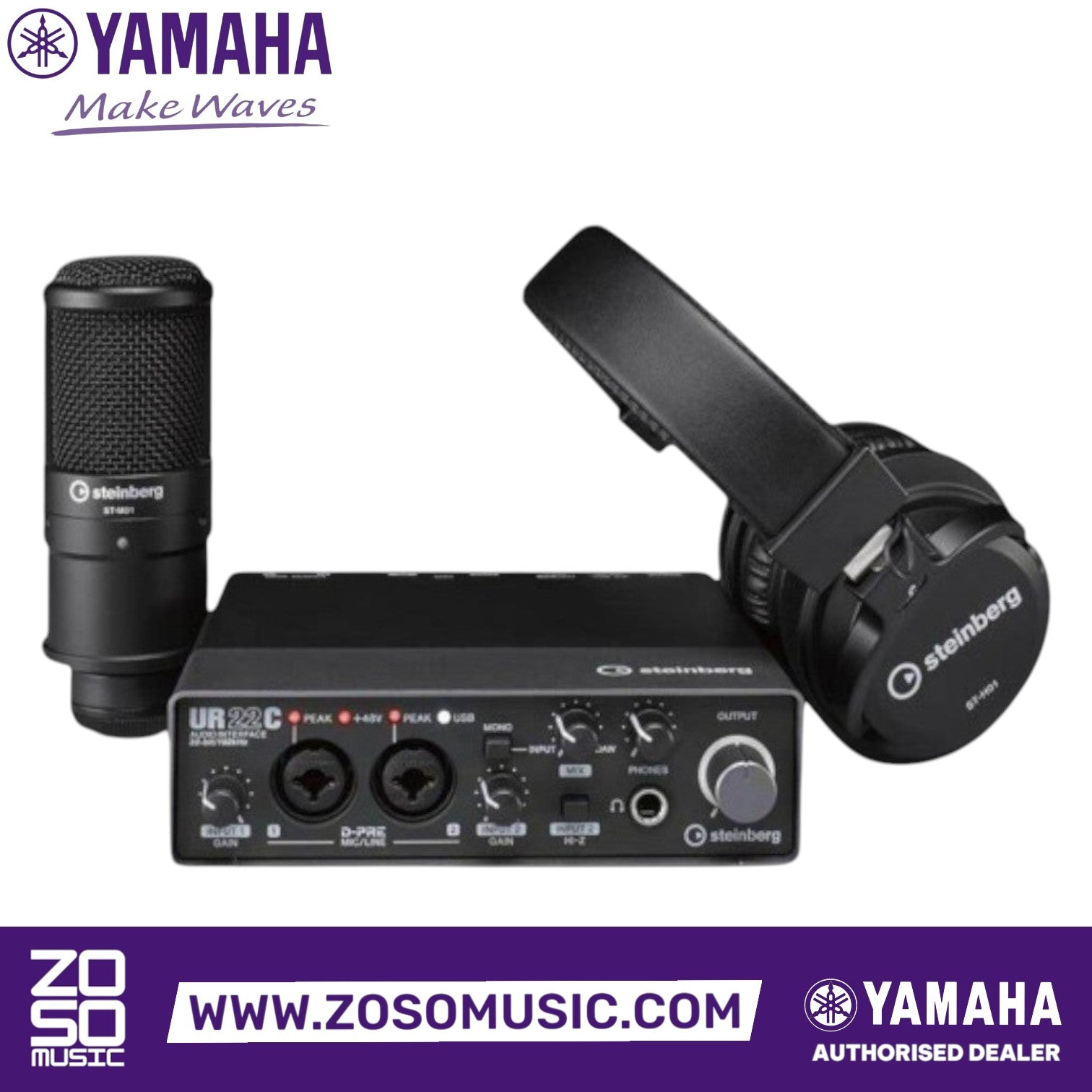 Zoso Music Yamaha Steinberg UR22C recording pack with audio interface, condenser microphone, and monitoring headphones