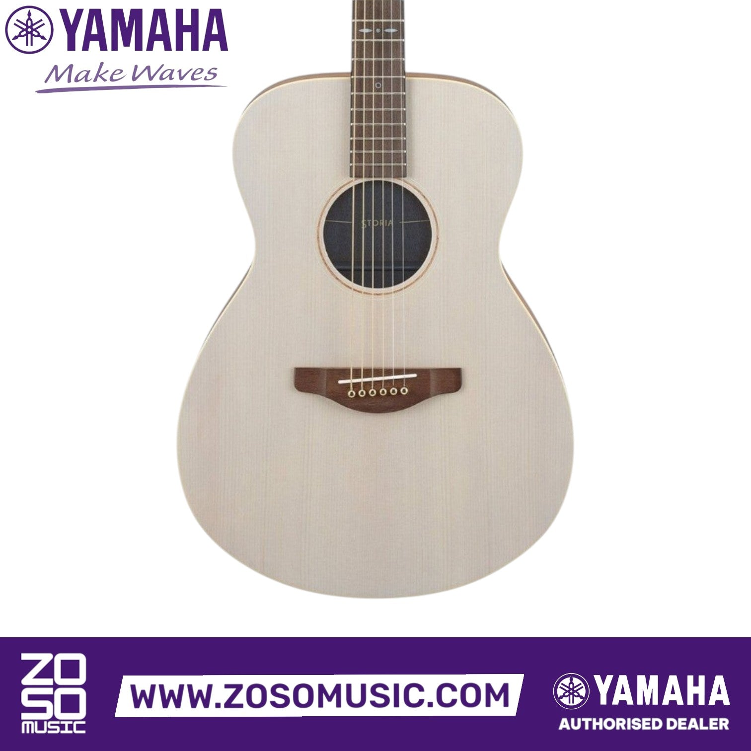 Zoso Music Yamaha Storia I concert acoustic guitar with off-white solid spruce top and mahogany soundhole inlay.