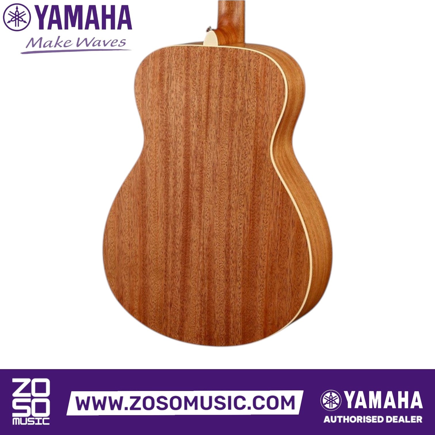 Back view of Zoso Music Yamaha Storia I concert acoustic guitar featuring mahogany back and sides with ivory binding.