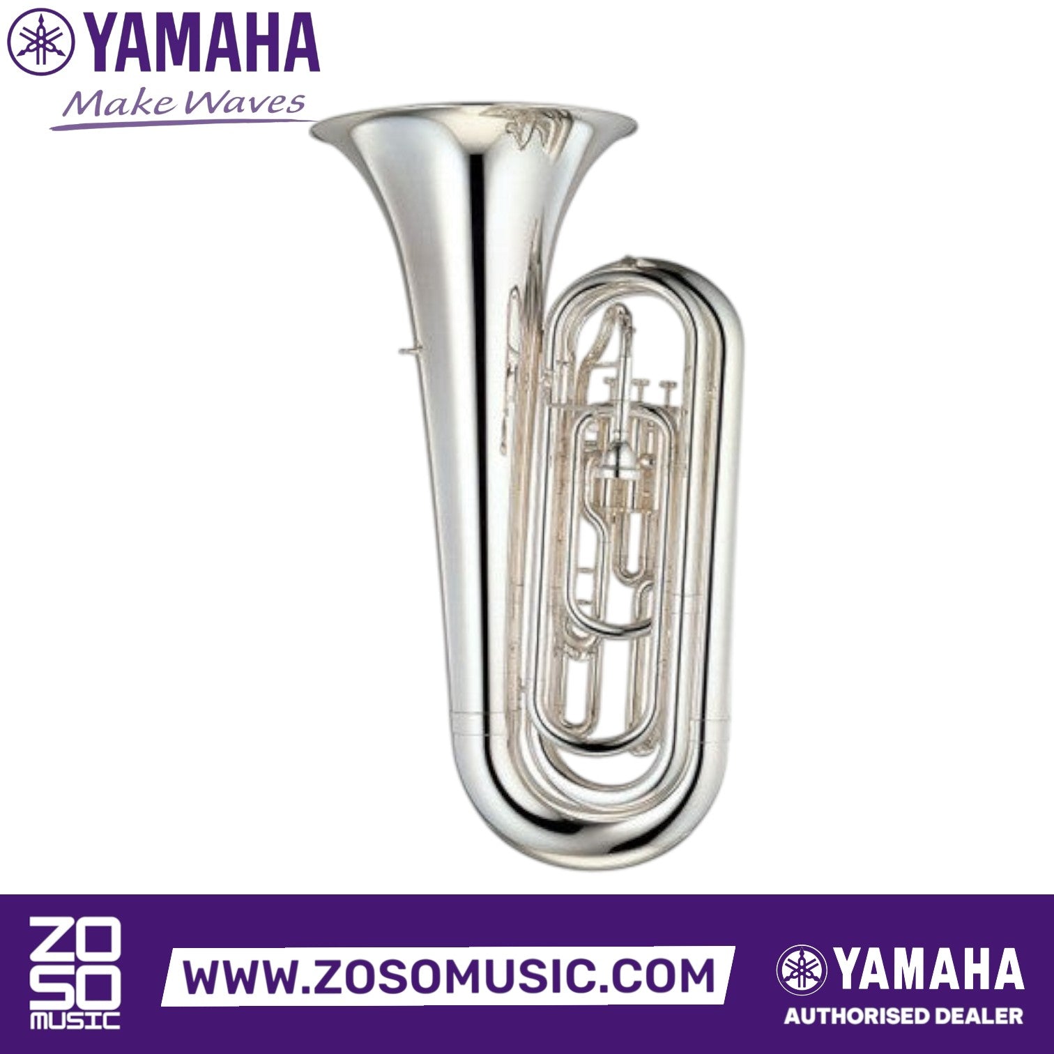 Zoso Music Yamaha YBB-105M student Bb tuba in silver finish with three top-action piston valves and upright bell.