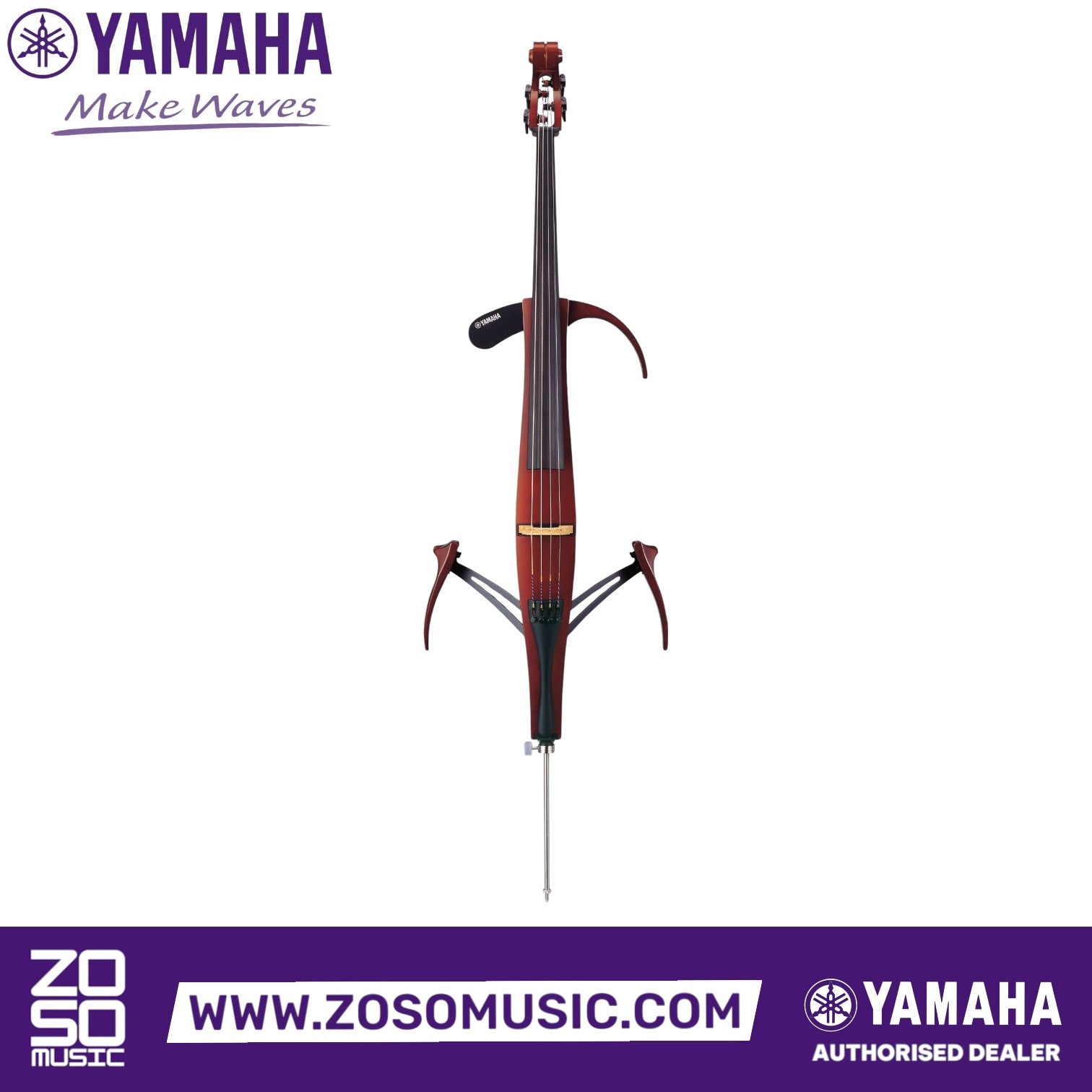 Zoso Music Yamaha SVC-210 Silent Cello in brown with spruce and maple body, featuring folding bouts and ebony fingerboard.