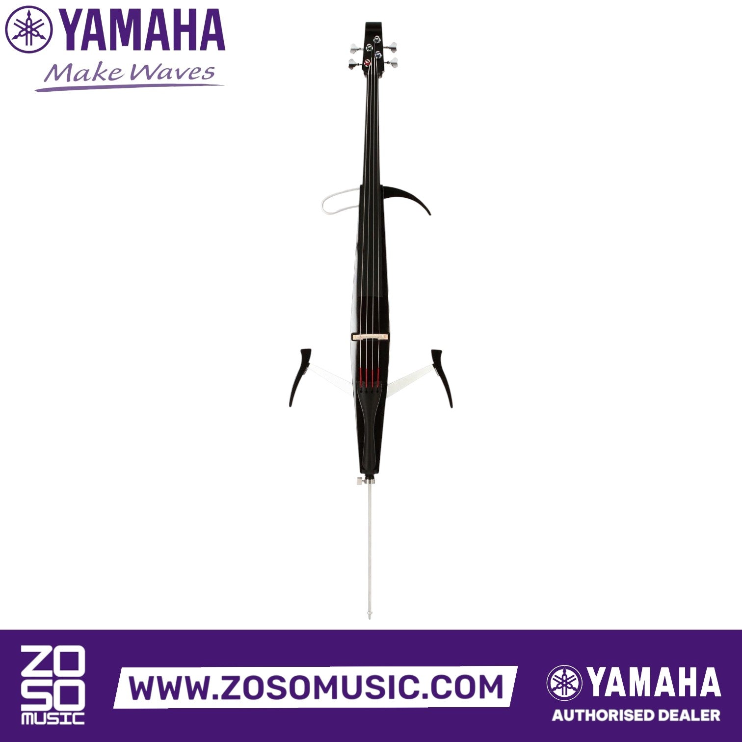 Zoso Music Yamaha SVC50 Silent Cello in black with alder body, maple neck, and removable leg supports.