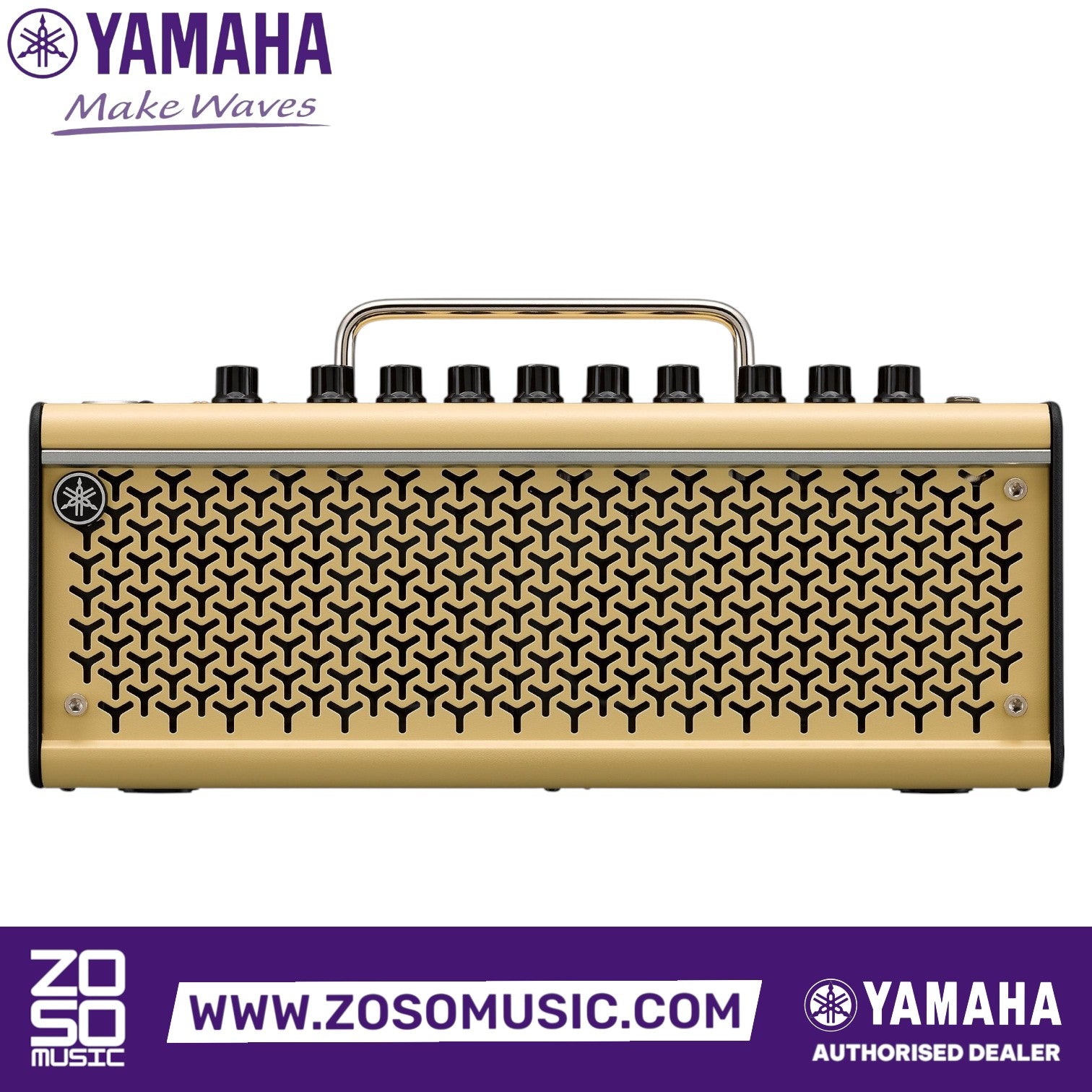 Zoso Music Yamaha THR10 II Wireless 20-watt guitar amplifier in beige with a metal handle and patterned front grille.
