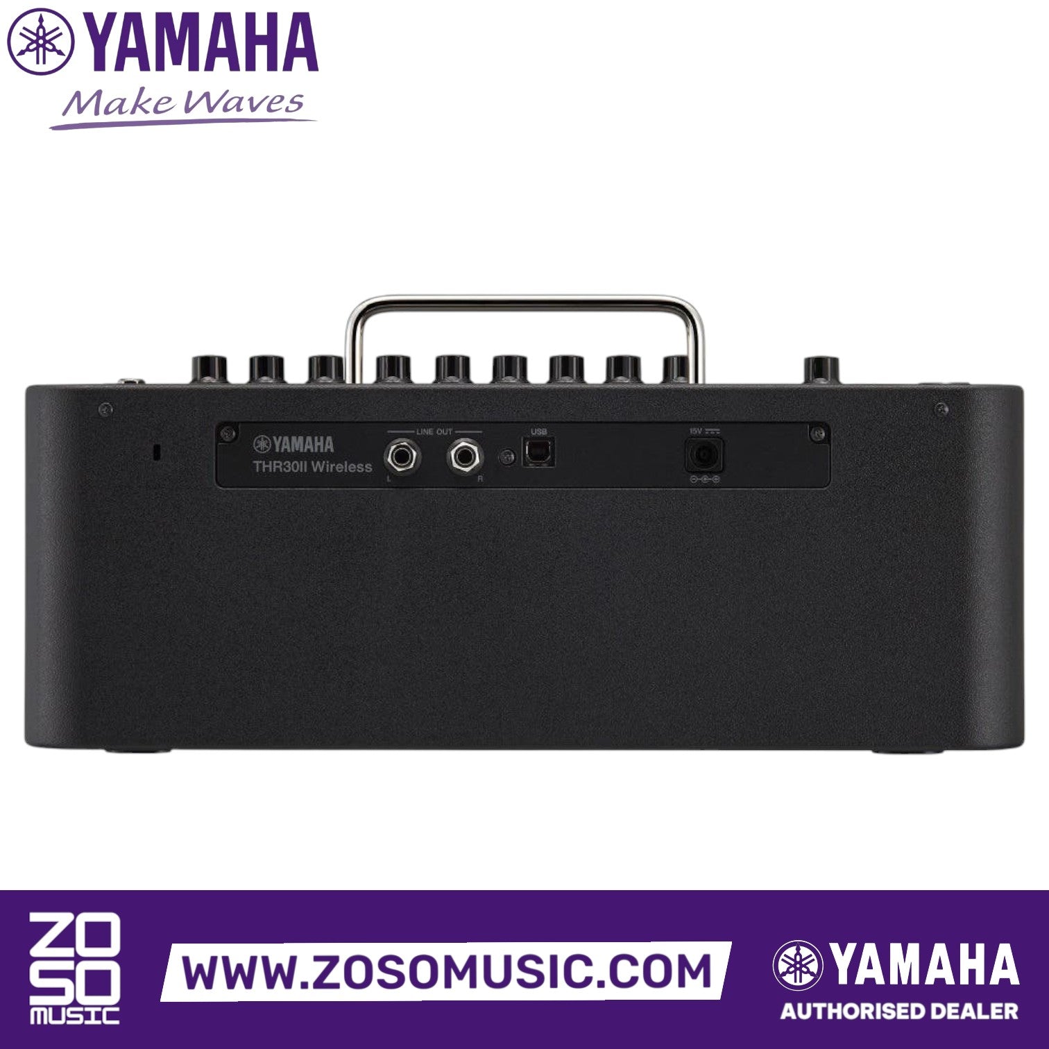 Zoso Music Yamaha THR30 II Wireless guitar amplifier back panel showing line out, USB, and power ports in black.