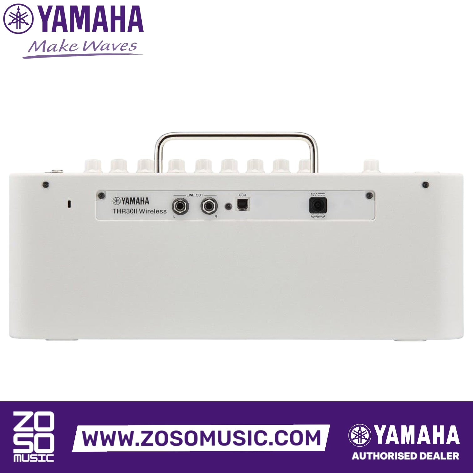 Rear view of the white Zoso Music Yamaha THR30 II Wireless guitar amplifier showing line out, USB, and power ports.