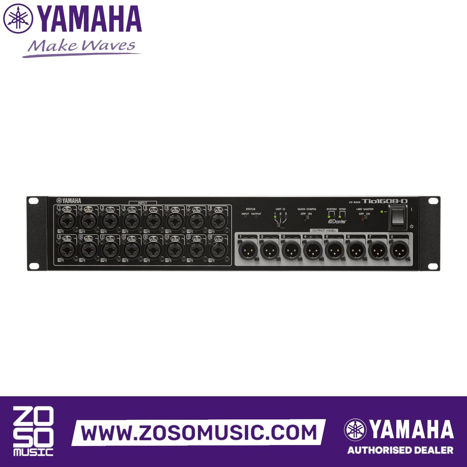 Zoso Music Yamaha Tio1608-D 16-in/8-out digital stage box with Dante connectivity and XLR combo inputs.