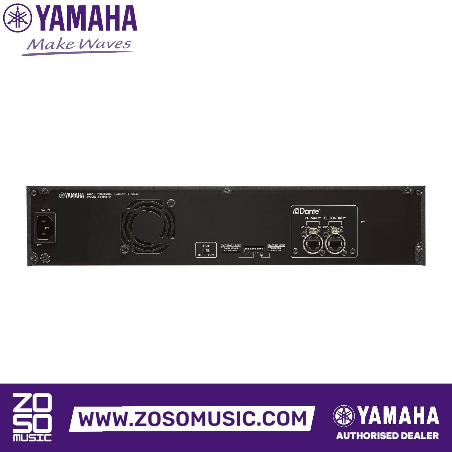 Zoso Music Yamaha Tio1608-D digital stage box rear panel showing Dante primary and secondary EtherCon ports