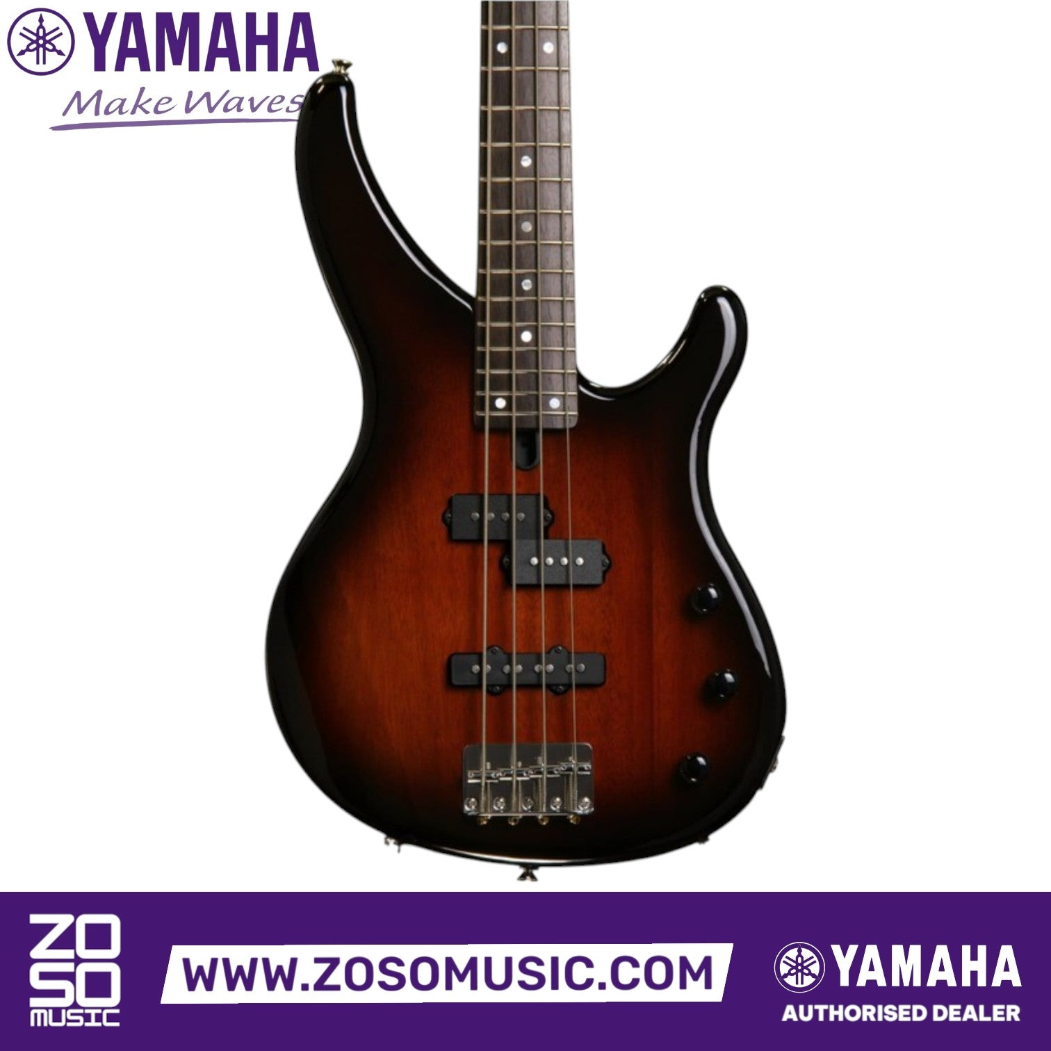 Zoso Music Yamaha TRBX174 4-string electric bass guitar in a glossy violin sunburst finish with P/J pickup setup.