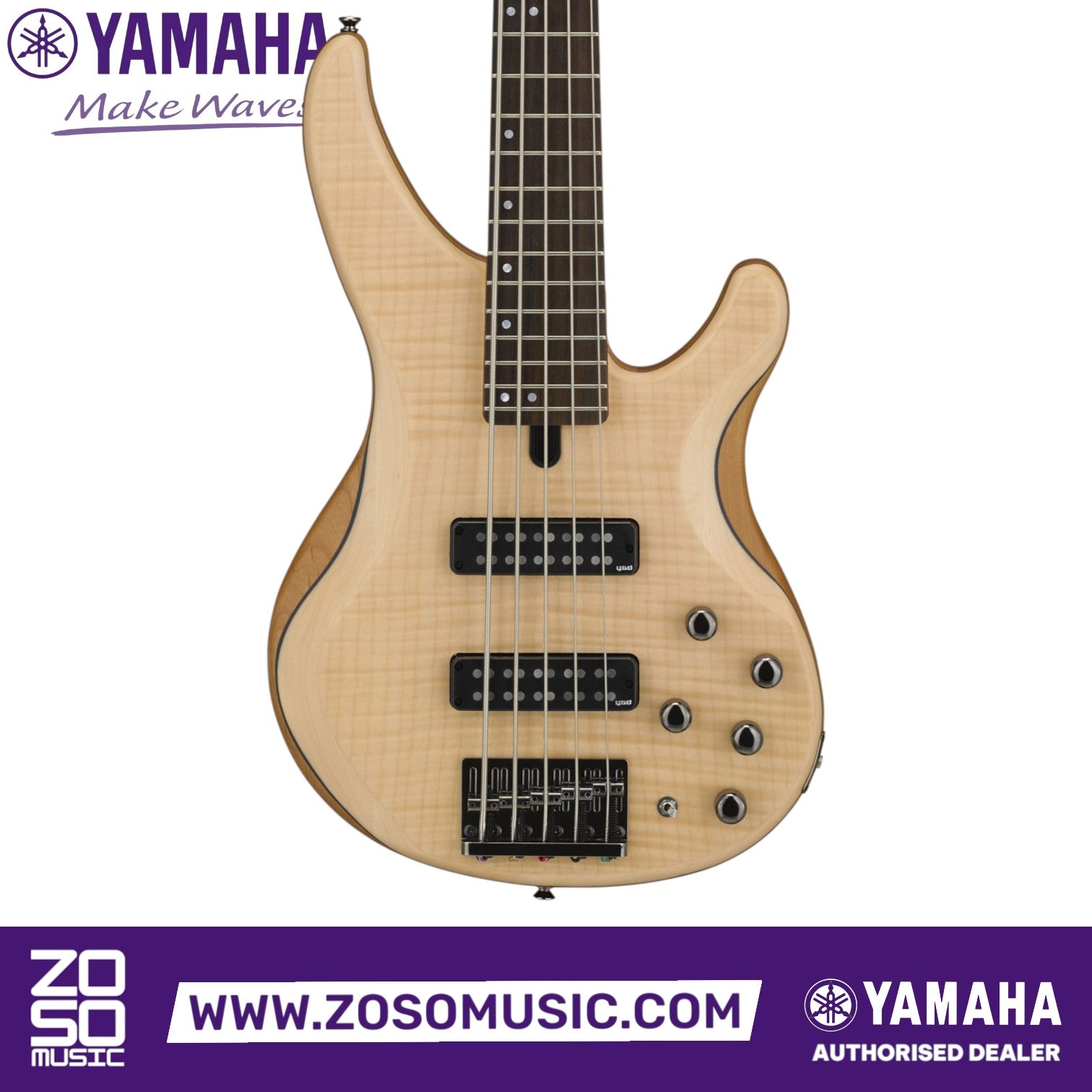 Zoso Music Yamaha TRBX605FM 5-string bass guitar with natural satin flamed maple top and rosewood fretboard